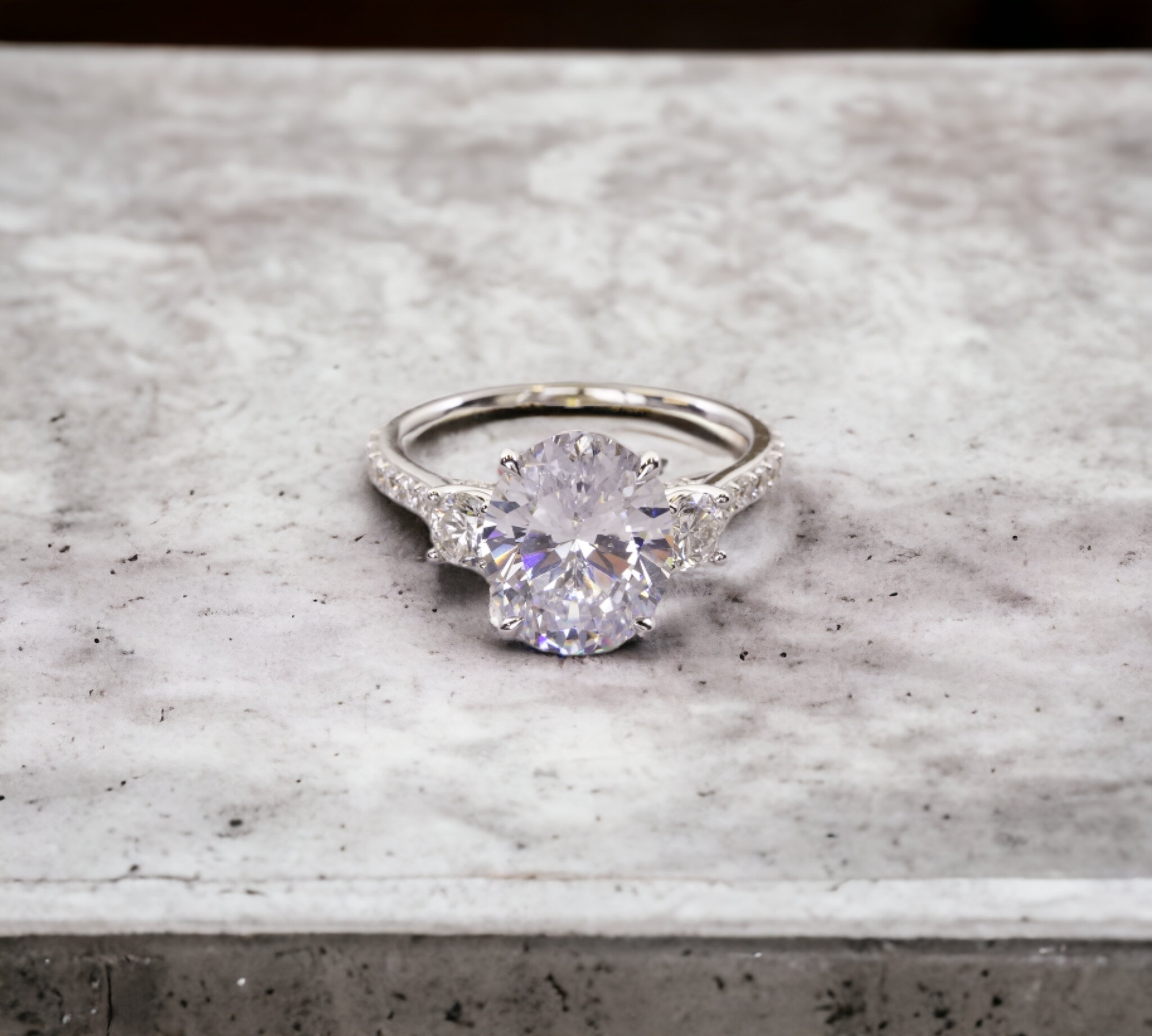Florence Trio OV three stone ring in 18K white gold for oval cut center – Cherry Pick Diamonds Clayton St. Louis MO