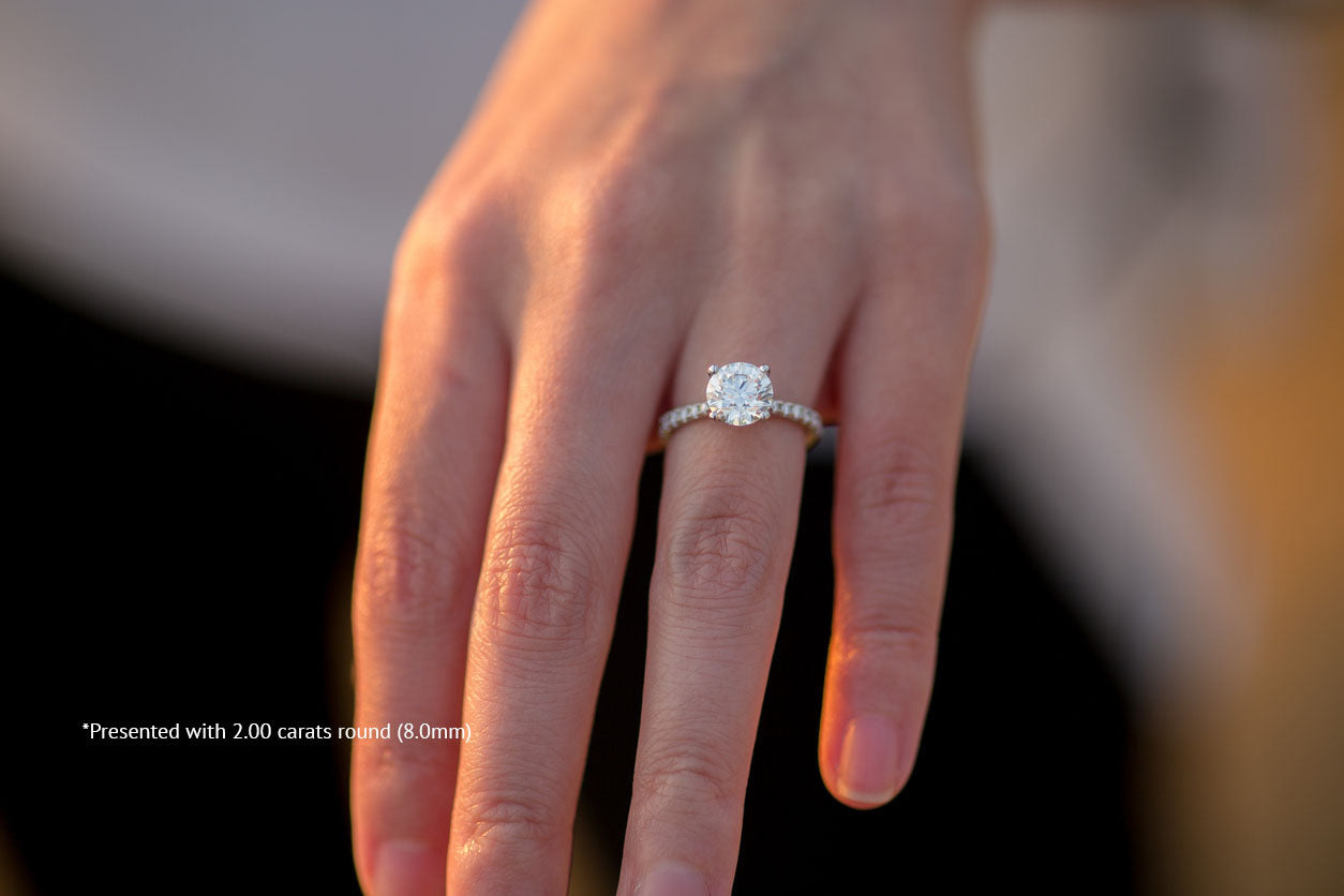 Rome white gold engagement ring worn on hand, natural round brilliant side diamonds – Cherry Pick Diamonds St. Louis MO