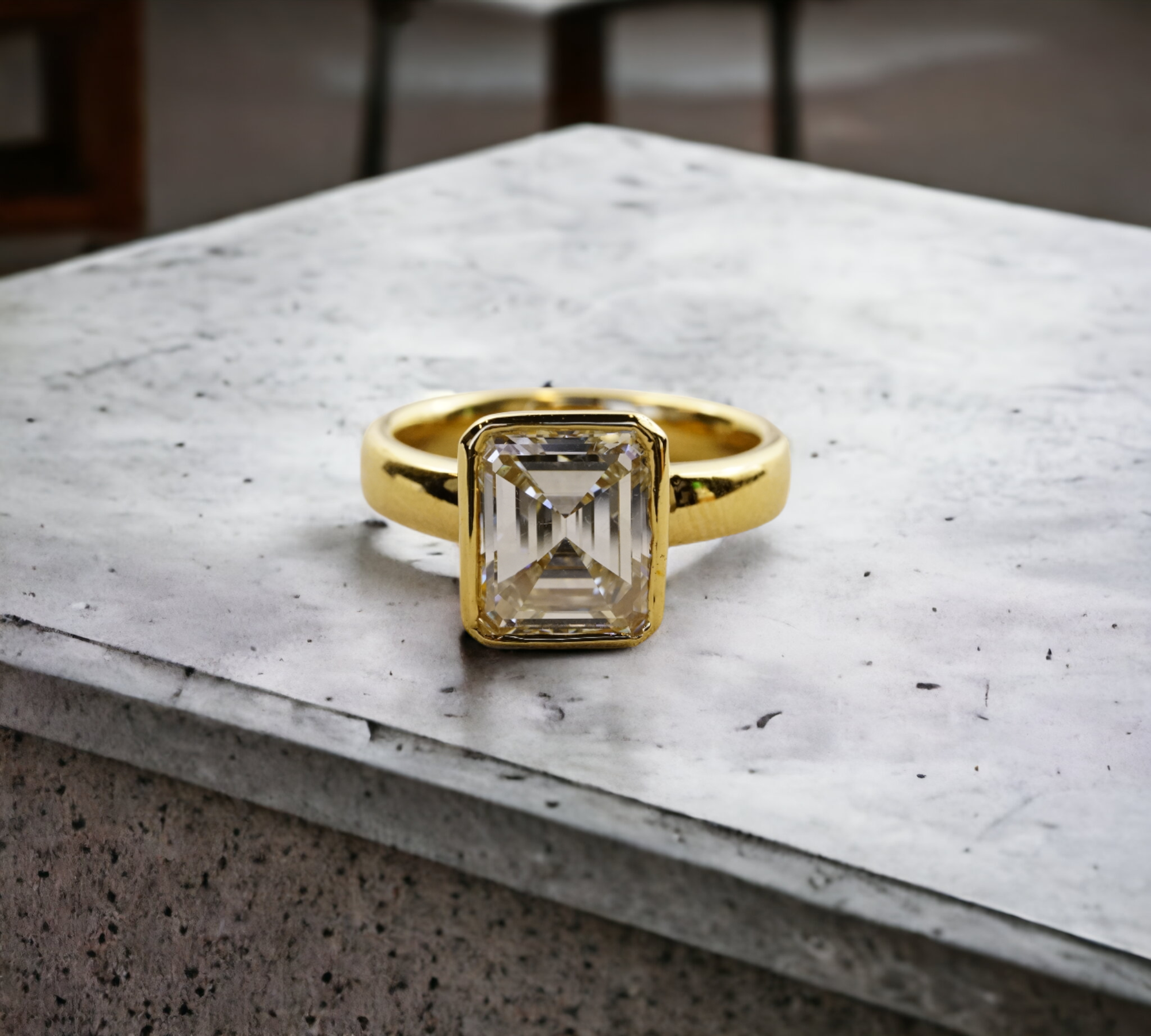 Bergamo 3.68 engagement ring in 18K yellow gold, bold bezel emerald cut natural diamond – Cherry Pick Diamonds Clayton St. Louis MO