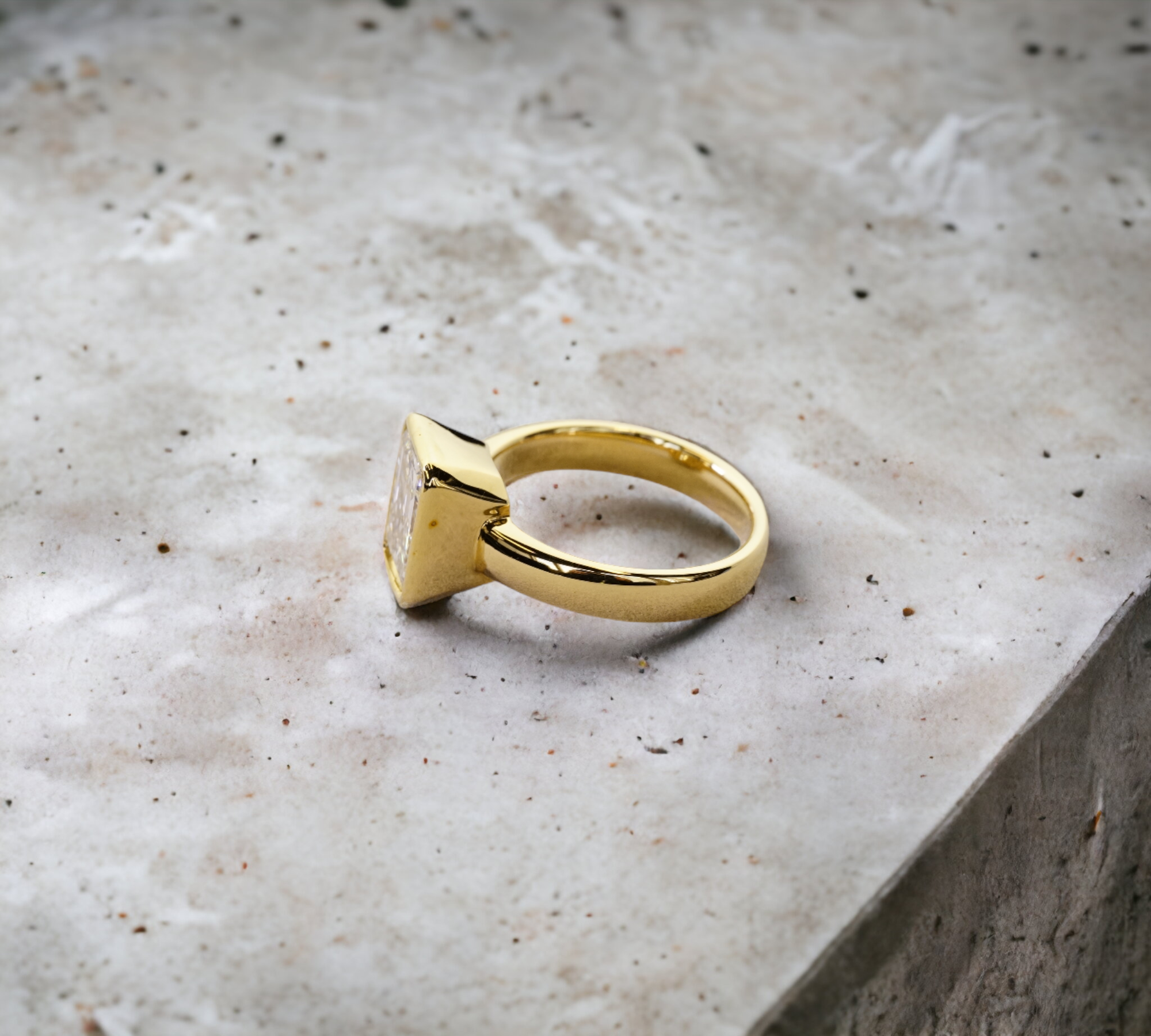 Bergamo 3.68 ring side view, yellow gold bezel emerald cut diamond – Cherry Pick Diamonds St. Louis MO