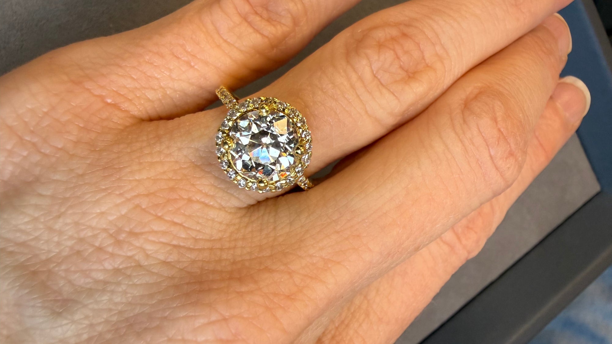 Paris Old Euro ring side view, old European cut diamond halo – Cherry Pick Diamonds St. Louis MO