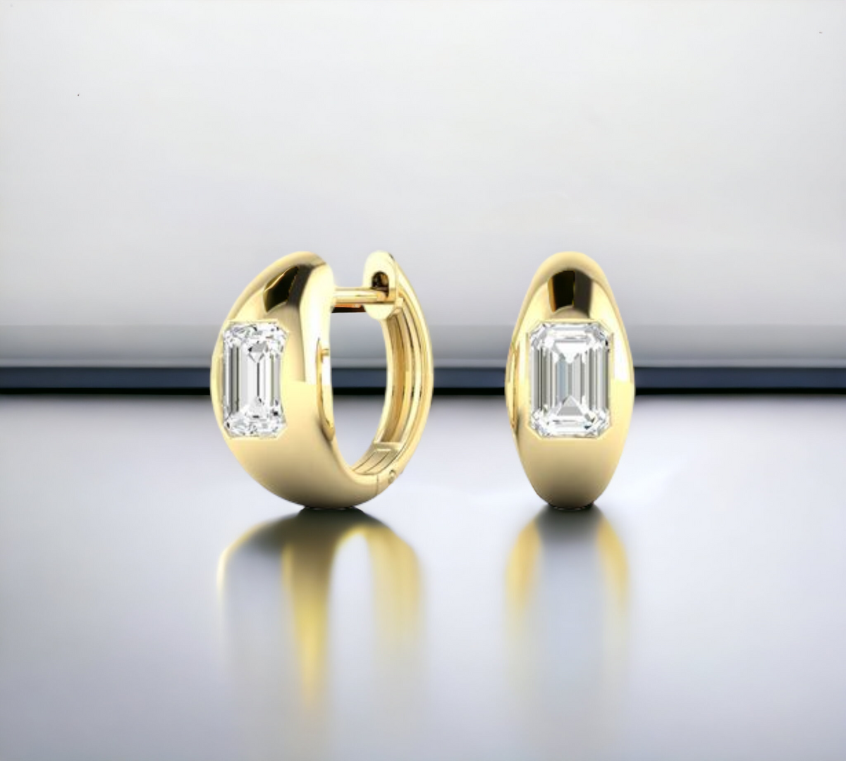 Granada hoop earrings in 14K yellow gold with emerald cut lab created diamonds – Cherry Pick Diamonds Clayton St. Louis MO