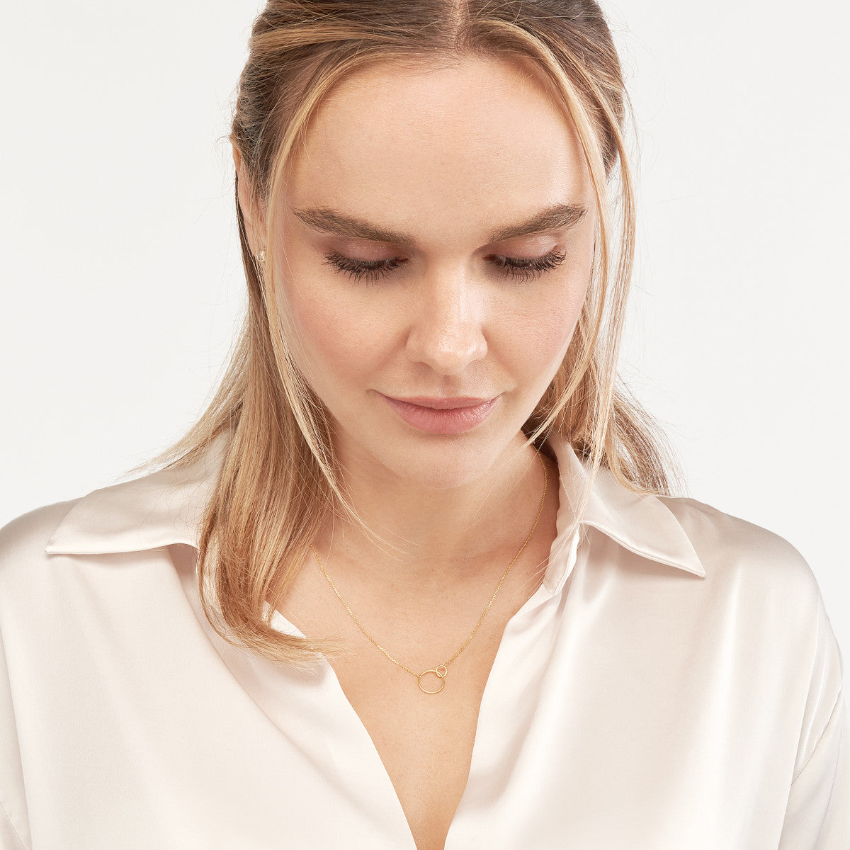 Twining Circle 14K Yellow Gold Pendant Necklace on Model – Cherry Pick Diamonds St. Louis MO