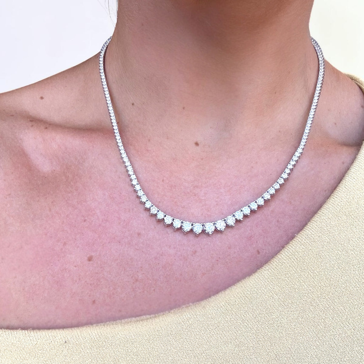 Riviera diamond necklace detail showing three-prong lab-grown diamond settings - Cherry Pick Diamonds