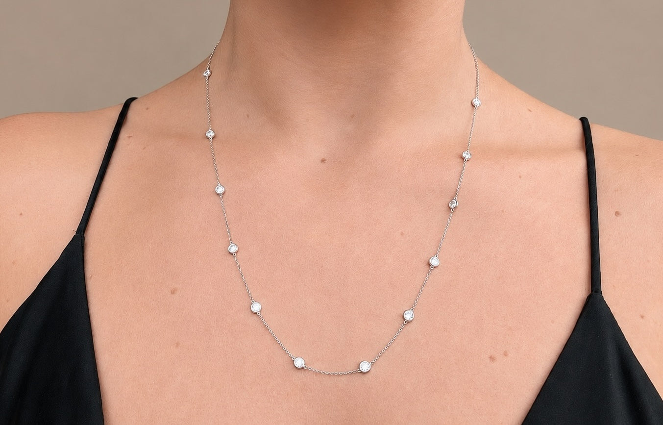 Diamond by the yard necklace in 14k white gold worn on body, 2.11 carat lab-created diamonds, Cherry Pick Diamonds Clayton St. Louis