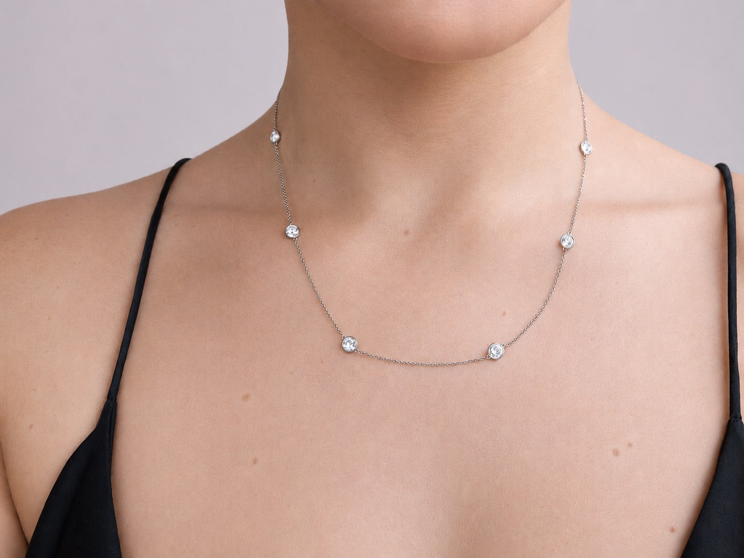 Diamond by the yard necklace in 14k white gold worn on body, 2.33 carat lab-created diamonds, Cherry Pick Diamonds Clayton St. Louis