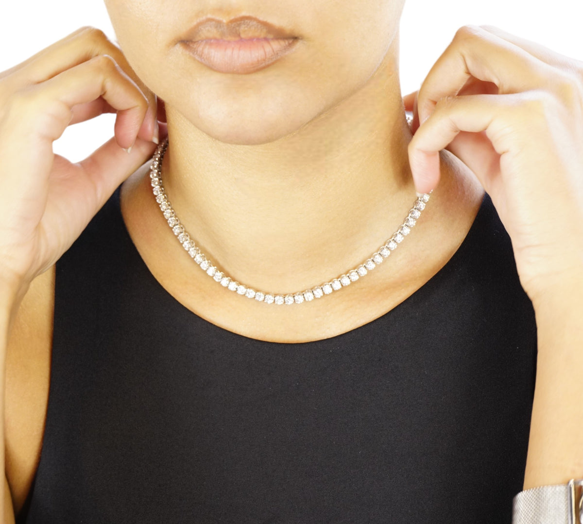 Firenze 3P 6TW White Gold Three-Prong Lab Diamond Necklace on Neck – Cherry Pick Diamonds St. Louis MO