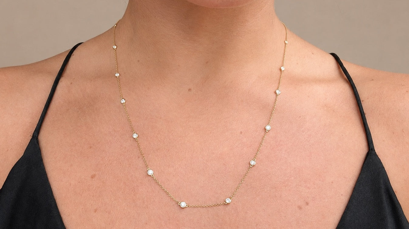 Diamond by the yard necklace in 14k yellow gold worn on body, 1.02 carat lab-created diamonds, Cherry Pick Diamonds Clayton St. Louis