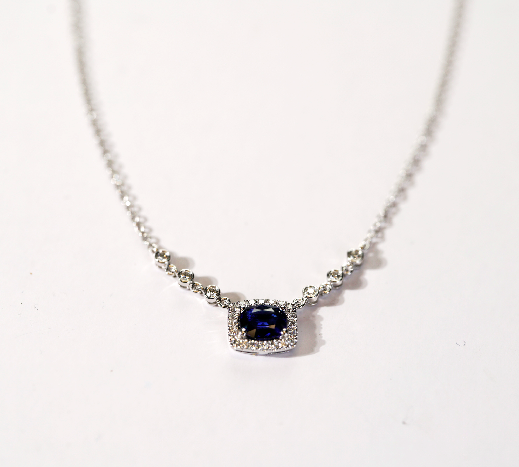Blue Sapphire Necklace 14K White Gold 0.86ct Natural Ceylon Sapphire Cushion Diamond Halo – Cherry Pick Diamonds Clayton St. Louis MO