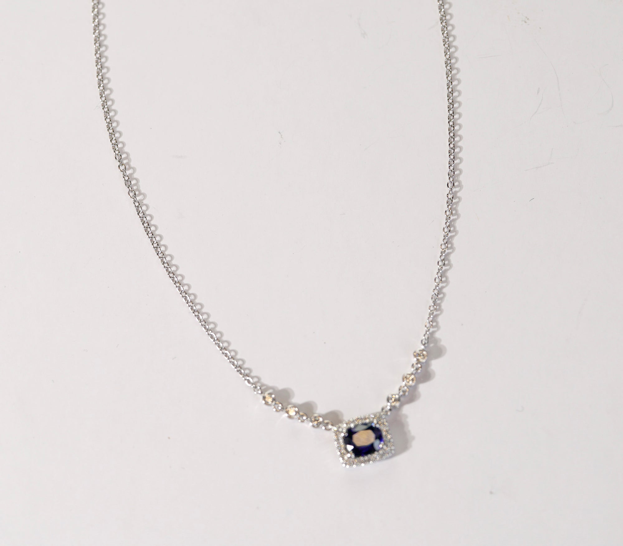 Blue Sapphire Necklace Natural Ceylon Sapphire Diamond Halo Top View – Cherry Pick Diamonds St. Louis MO