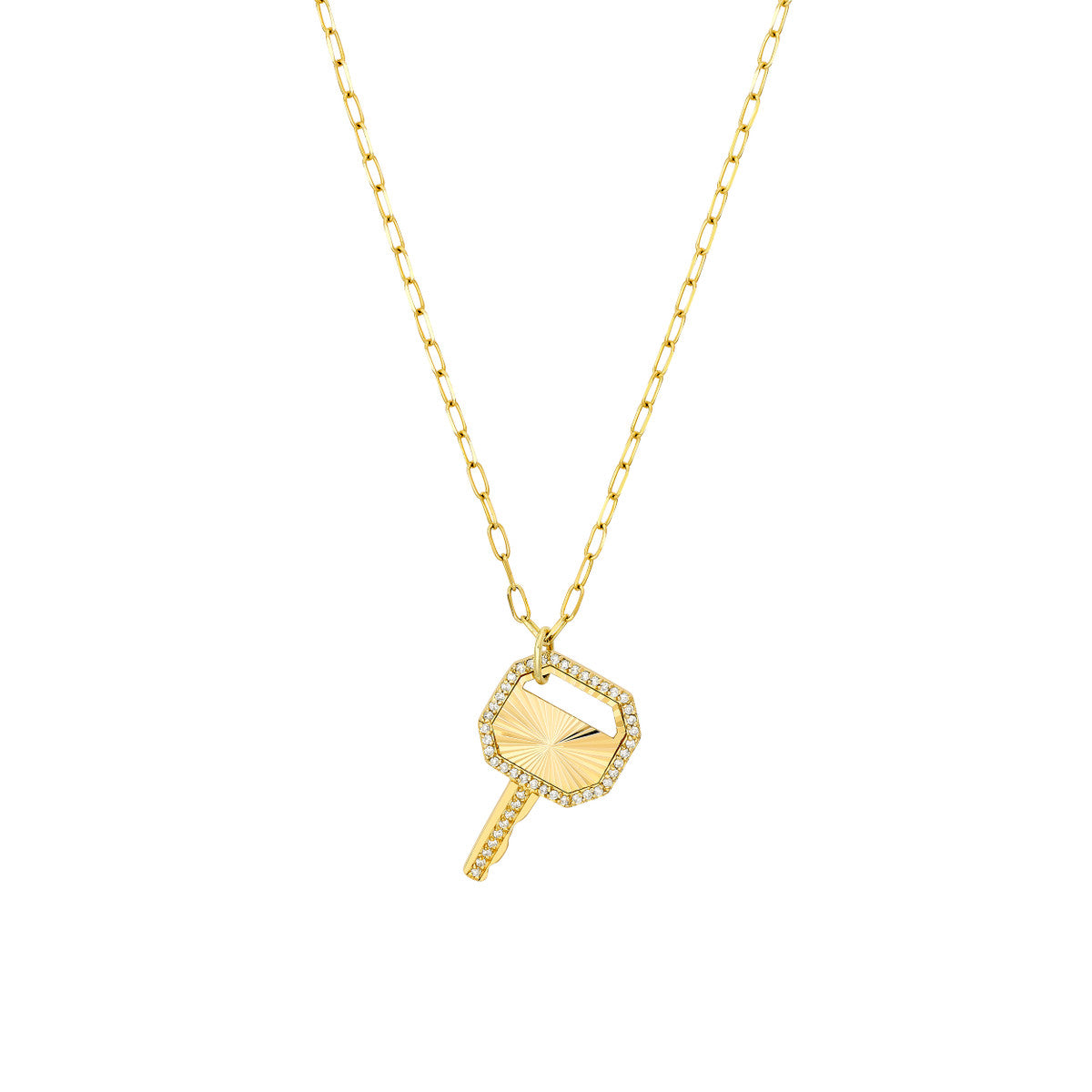Diamond Key Necklace 14K Yellow Gold Fluted Diamond Frame Key Pendant Paper Clip Chain – Cherry Pick Diamonds Clayton St. Louis MO
