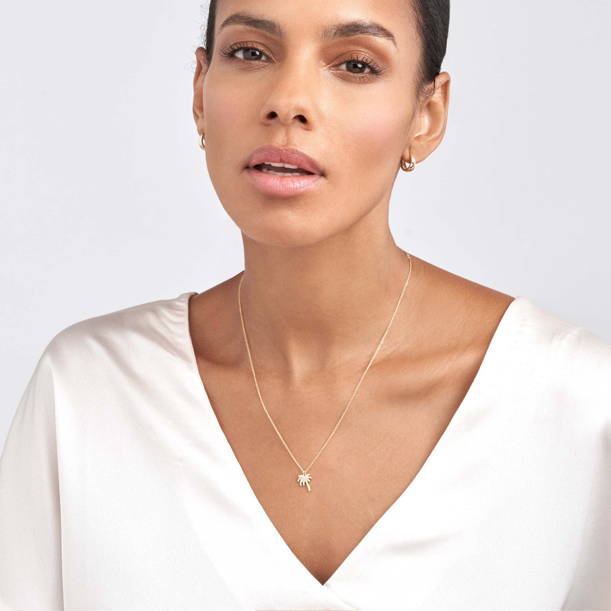 Negril 14K Yellow Gold Diamond Palm Tree Necklace on Model – Cherry Pick Diamonds St. Louis MO