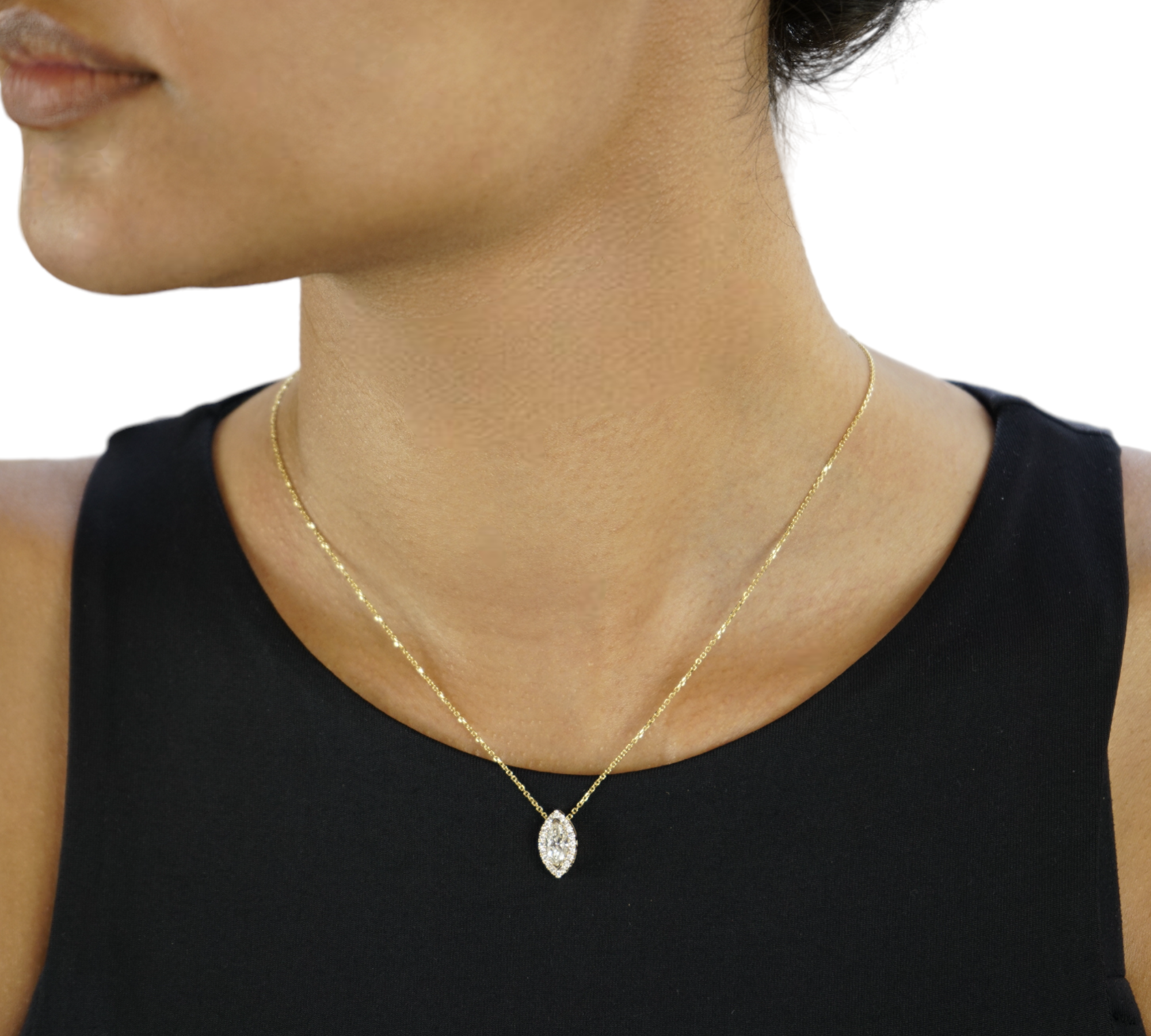 Marquise Diamond Necklace 14K Gold Natural Marquise Diamond Halo Side View – Cherry Pick Diamonds St. Louis MO
