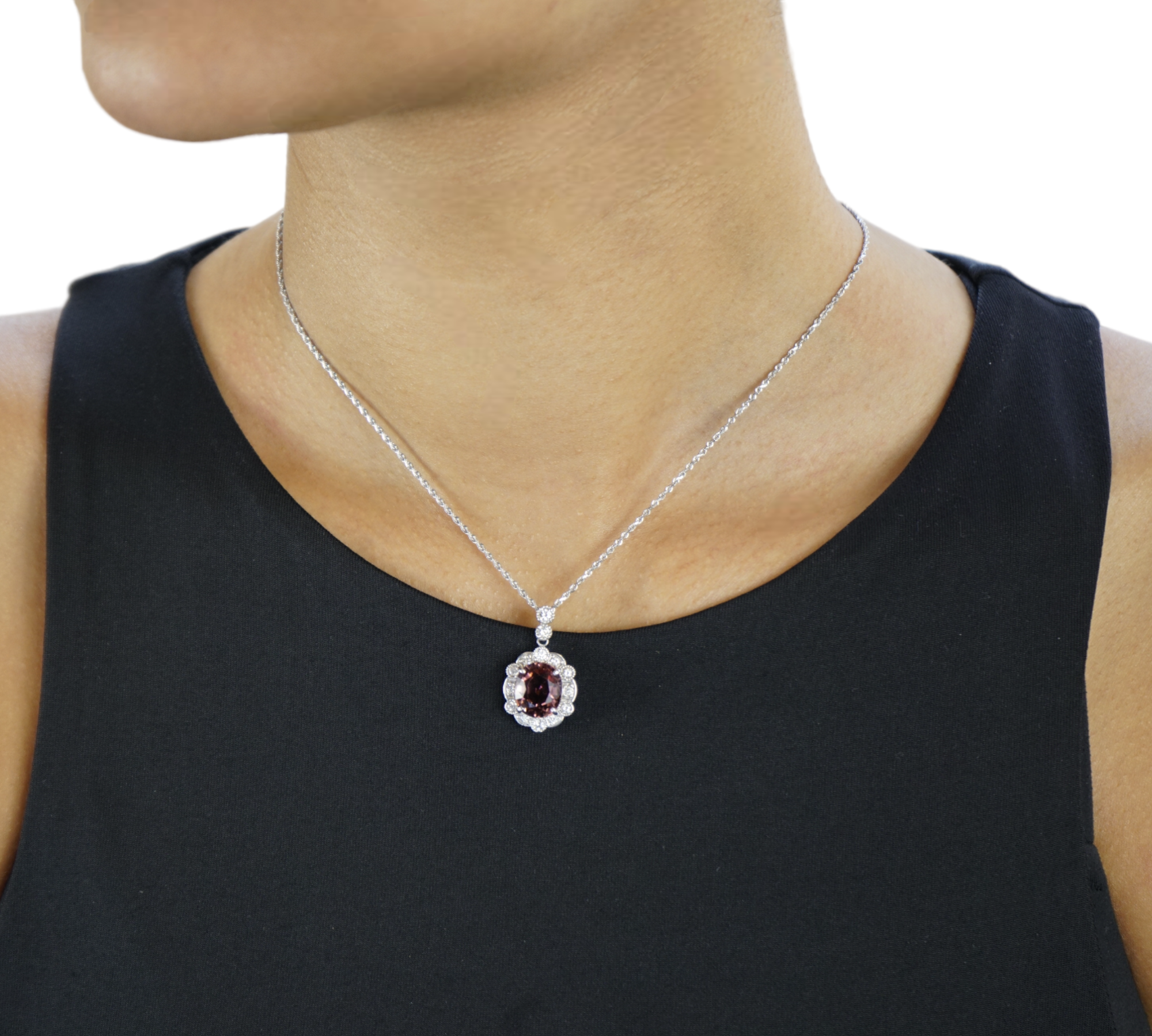 Tourmaline White Gold Necklace Natural Pink Tourmaline Diamond Halo Side View – Cherry Pick Diamonds St. Louis MO
