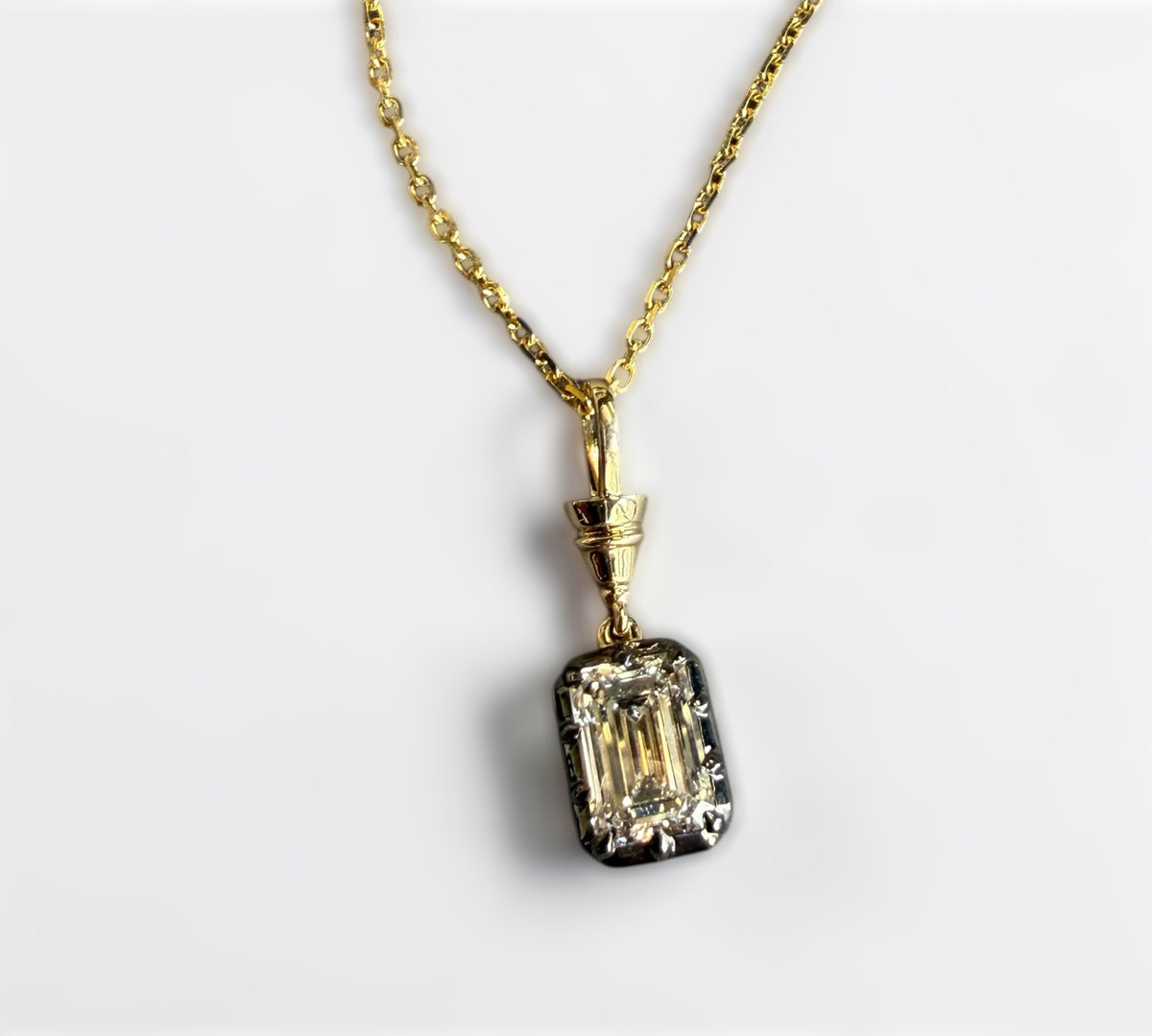 Livingston Necklace Emerald pendant in two-tone gold with 3 carat emerald cut lab created diamond – Cherry Pick Diamonds Clayton St. Louis MO