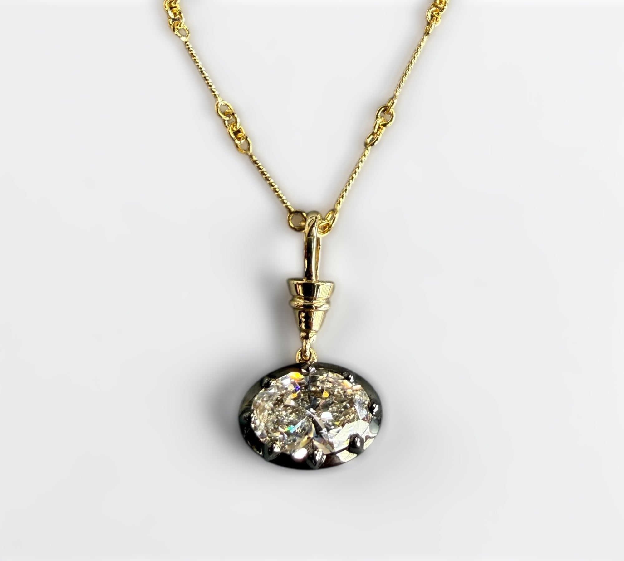 Livingston Necklace Oval pendant in two-tone gold with 3 carat east-west oval lab created diamond – Cherry Pick Diamonds Clayton St. Louis MO