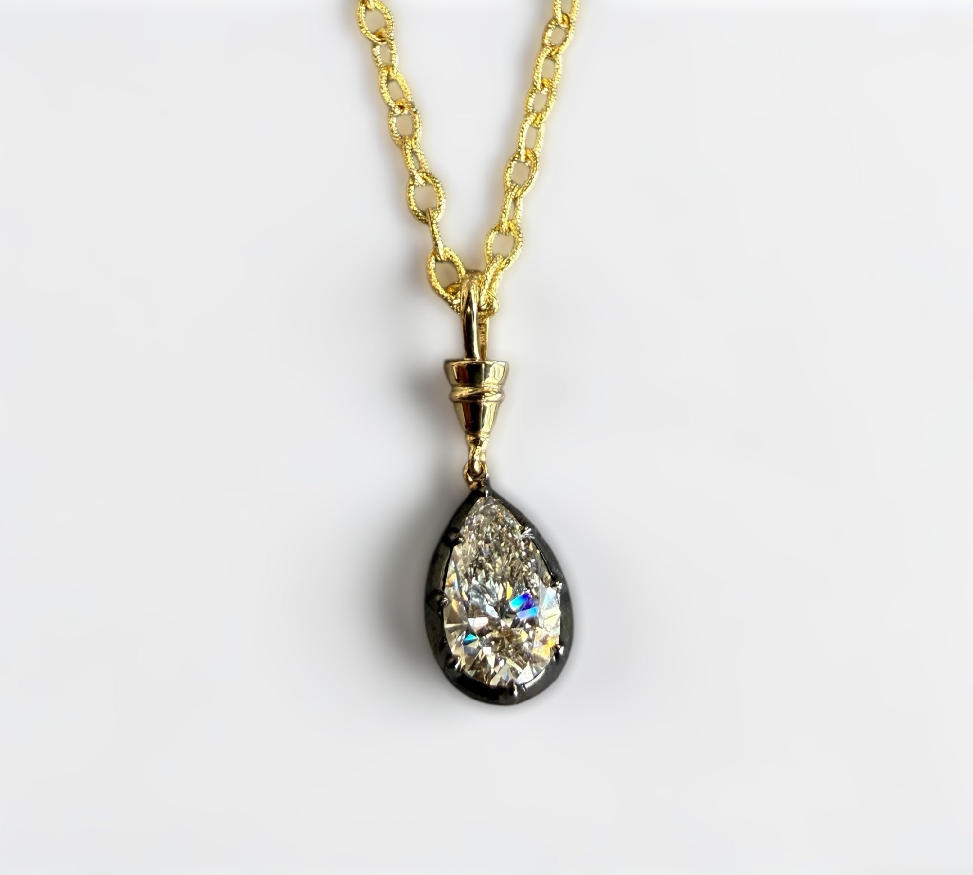 Livingstone Necklace Pear pendant in two-tone gold with 3 carat pear shape lab created diamond – Cherry Pick Diamonds Clayton St. Louis MO