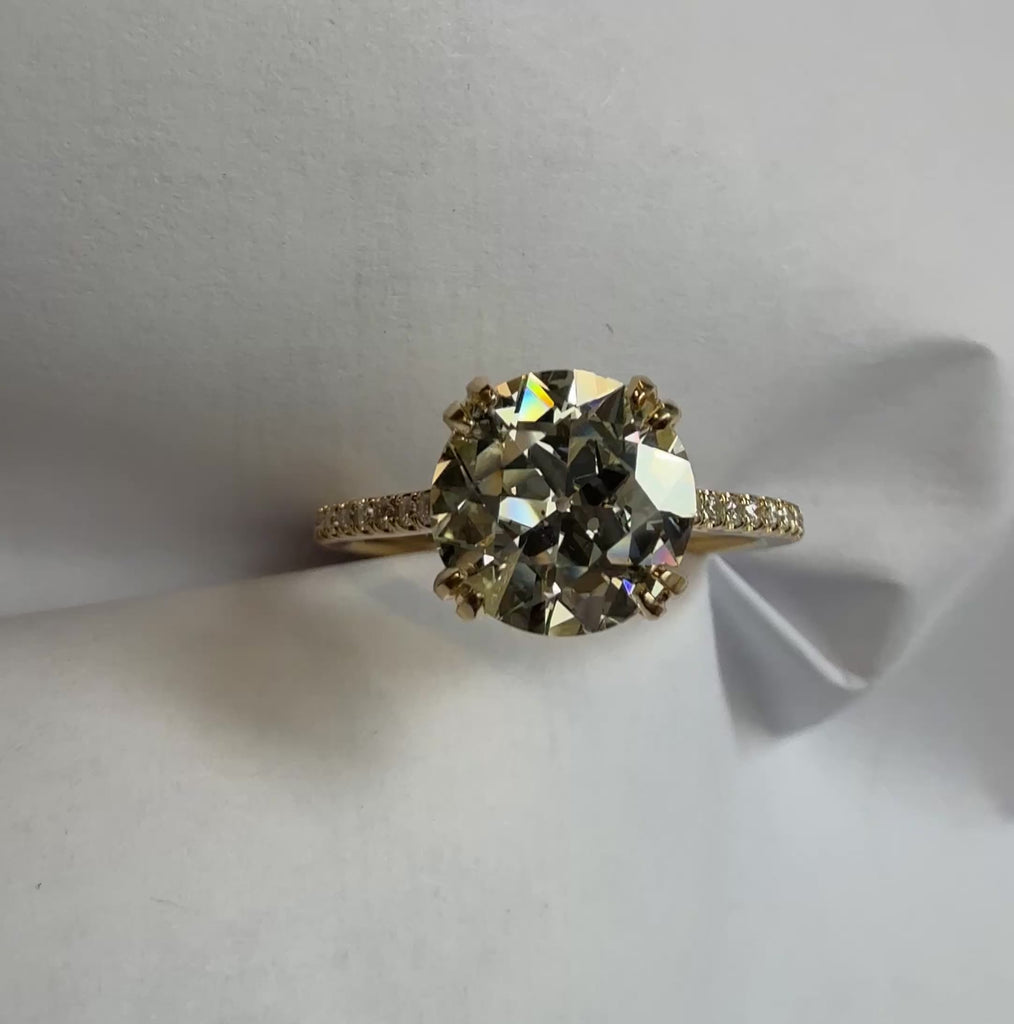 2.22 carat natural old European cut diamond ring video – Paris Old Euro GIA certified natural diamond in 14K yellow gold pavé band by Cherry Pick Diamonds