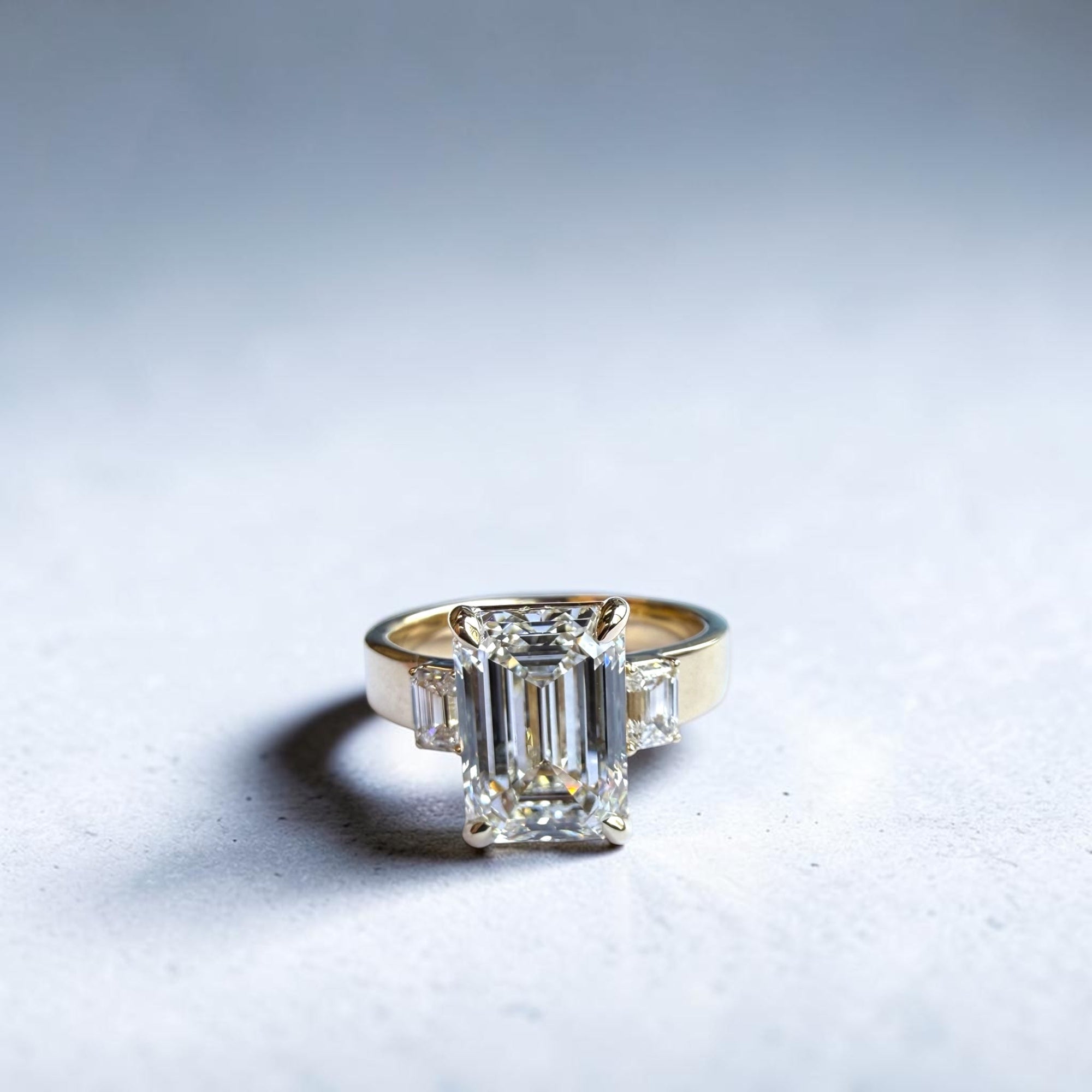 3.55 carat emerald cut three stone diamond ring in 14k yellow gold, Cherry Pick Diamonds Clayton MO