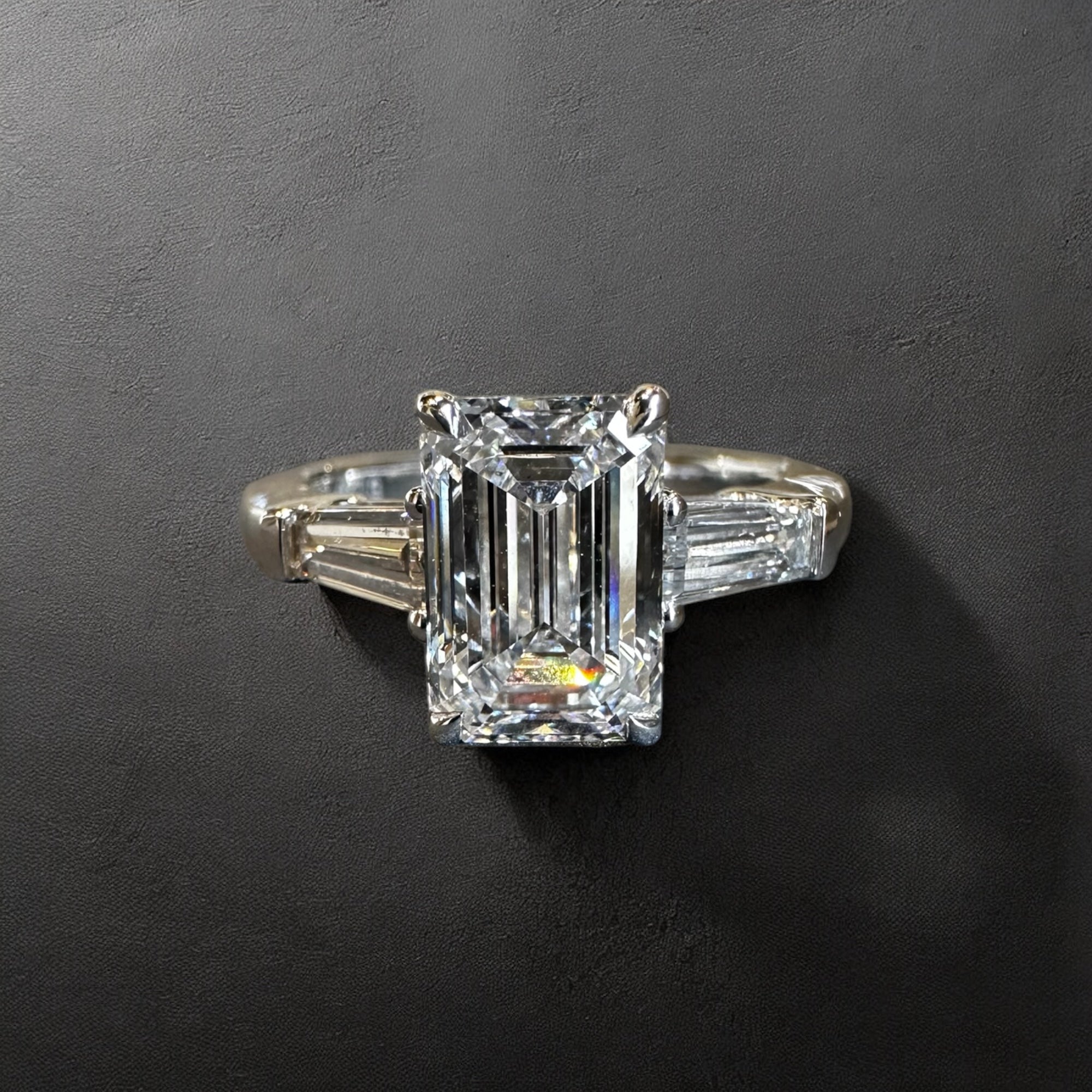 Emerald Trio Cathedral three stone ring in 14K white gold with 2.52ct emerald cut lab created diamond – Cherry Pick Diamonds Clayton St. Louis MO