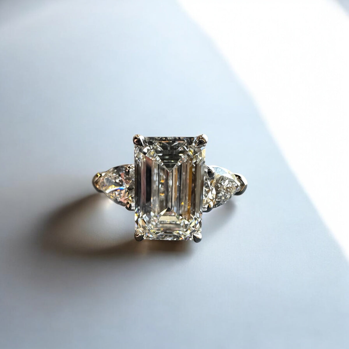 Emerald Trio three stone ring in 14K white gold with 4.74ct emerald cut lab created diamond – Cherry Pick Diamonds Clayton St. Louis MO