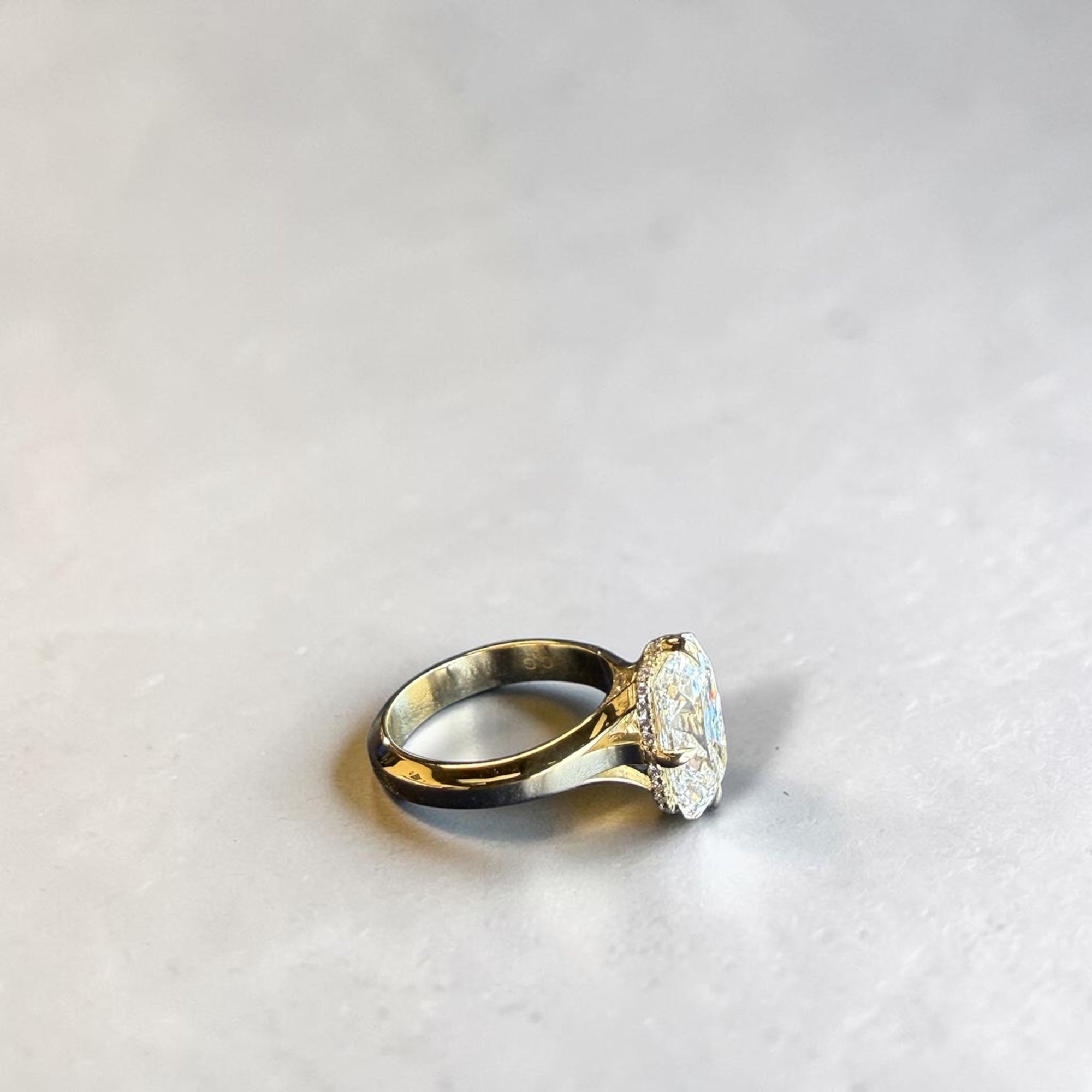Aristocrat Old Mine lab diamond ring showing bold three tiered shank and hidden halo design — Cherry Pick Diamonds St. Louis