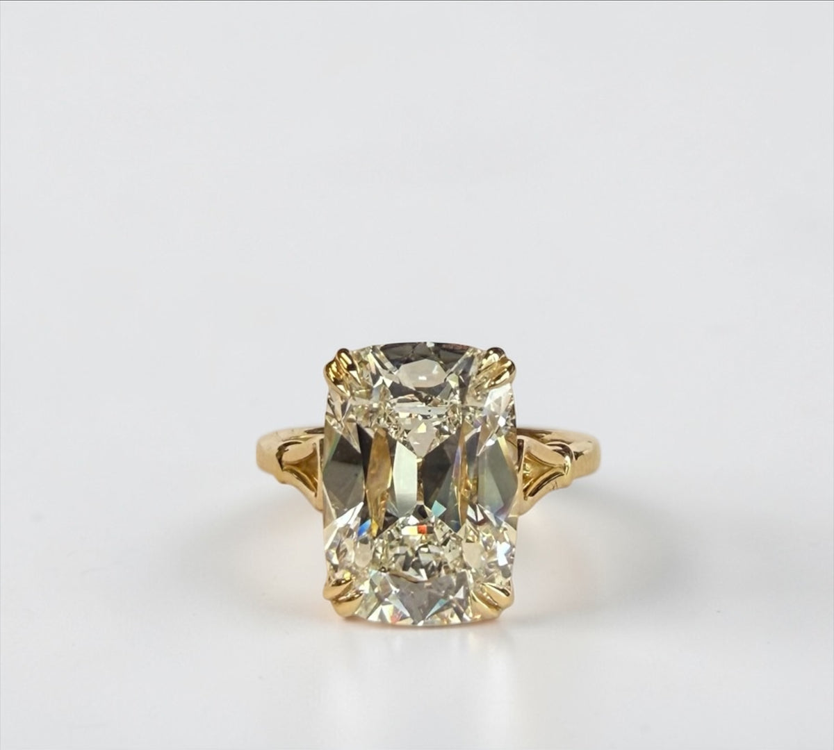 Georgian Old Mine ring in 14K yellow gold with 7.32ct elongated old mine cut lab created diamond – Cherry Pick Diamonds Clayton St. Louis MO