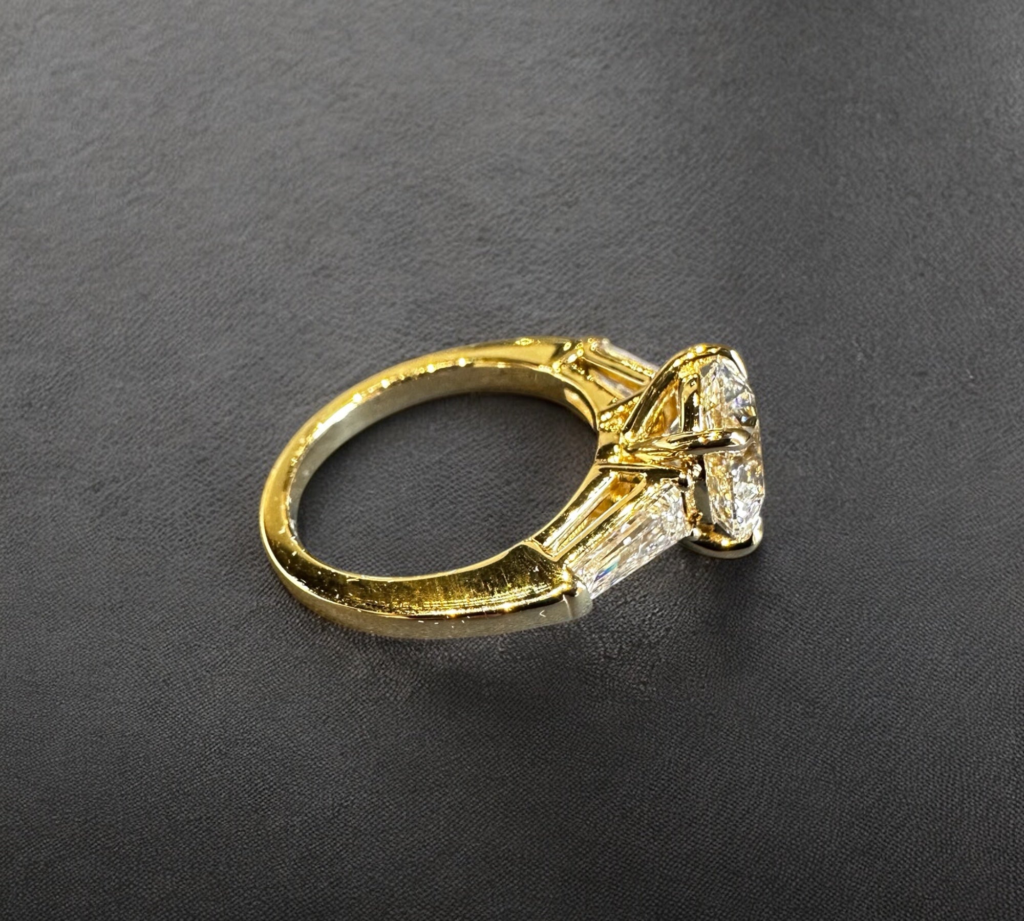 Round Trio three stone ring side view, round brilliant diamond – Cherry Pick Diamonds St. Louis MO