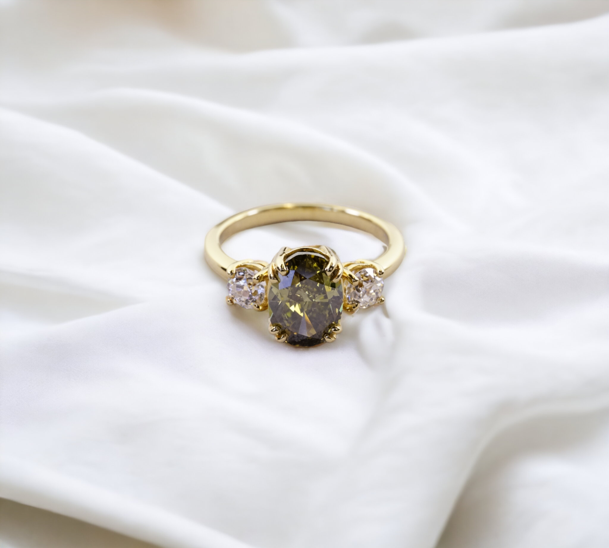 Trio Chameleon engagement ring in 18K yellow gold with 2.02ct natural chameleon color-changing diamond – Cherry Pick Diamonds Clayton St. Louis MO