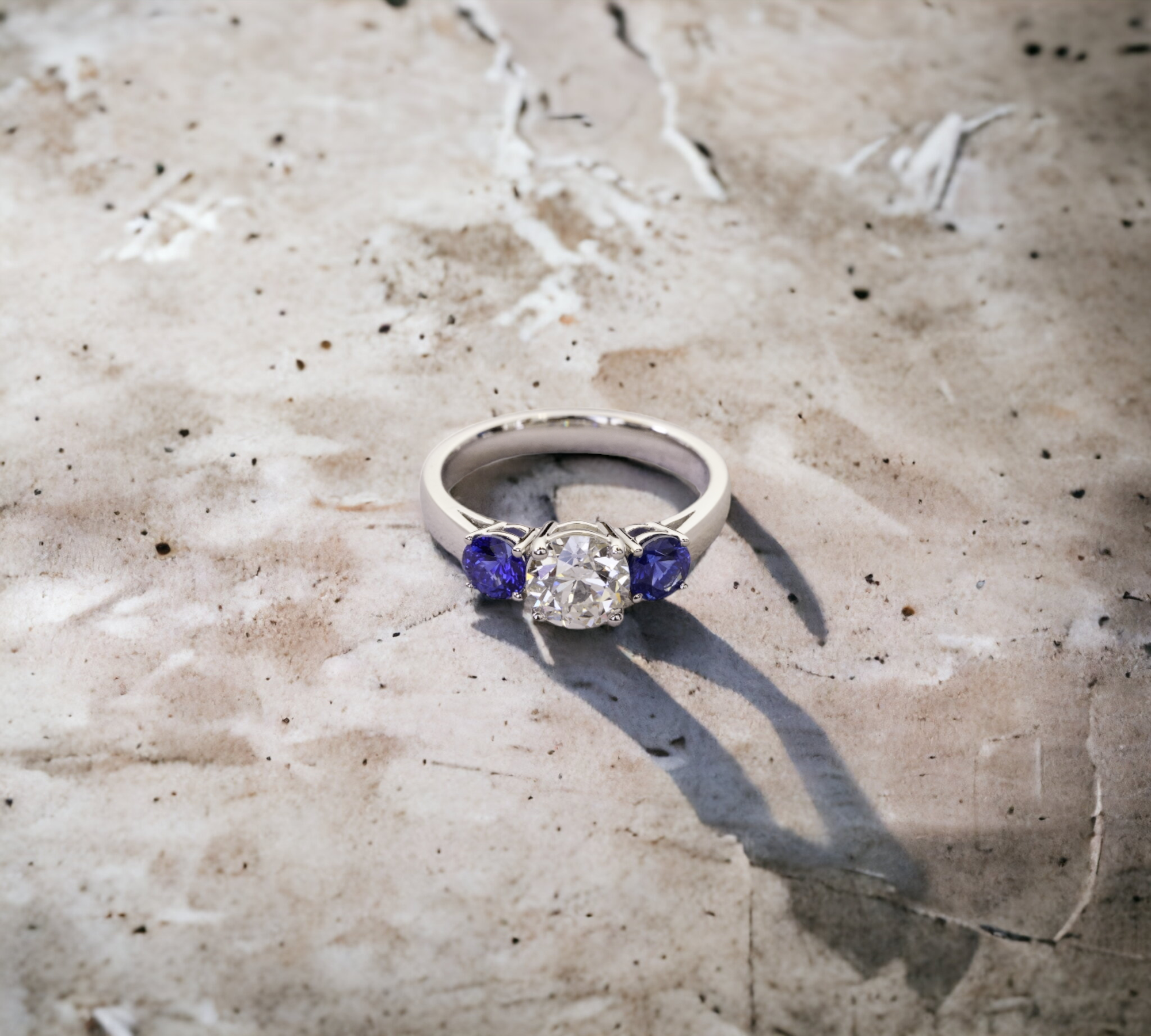 Trio 1.05 Euro three stone ring in platinum with old European cut diamond – Cherry Pick Diamonds Clayton St. Louis MO