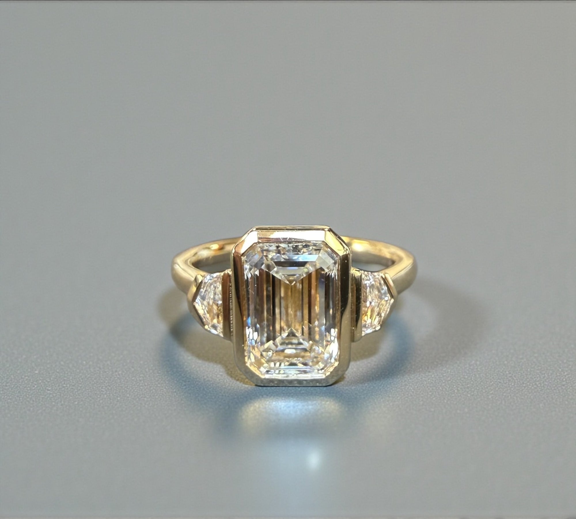 Trio Shield Emerald three stone ring in 14K yellow gold with 2.41ct emerald cut diamond and shield side stones – Cherry Pick Diamonds Clayton St. Louis MO