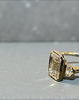 Trio Shield Emerald ring side view, shield cut diamonds – Cherry Pick Diamonds St. Louis MO