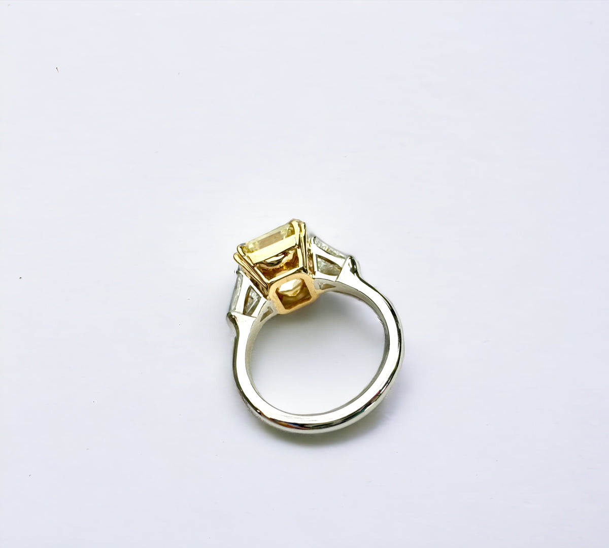 Trio Fancy Yellow platinum ring close-up, natural fancy yellow diamond – Cherry Pick Diamonds Clayton MO