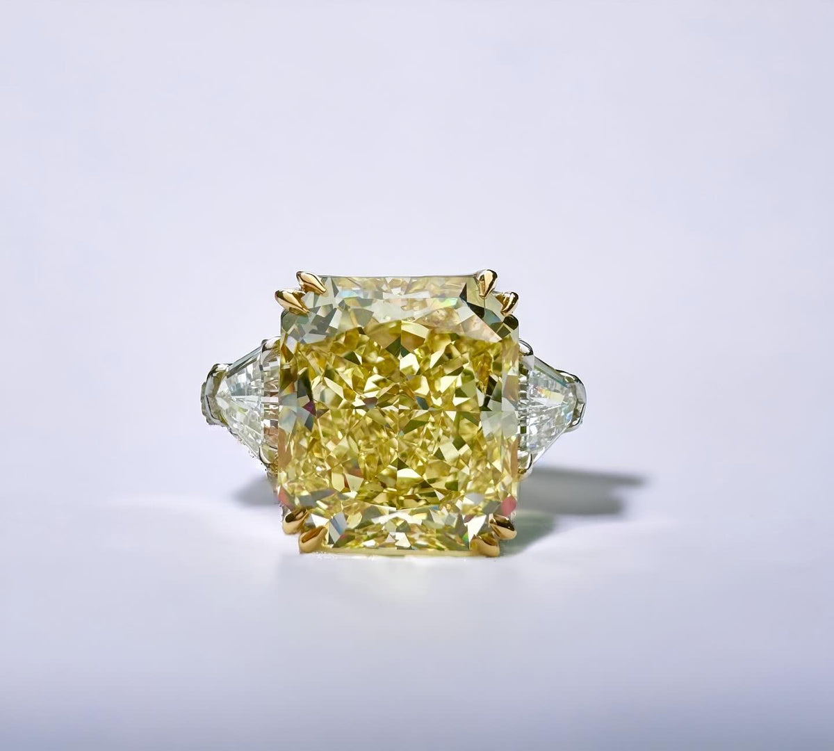 Trio Fancy Yellow one-of-a-kind ring in platinum with 6.46ct natural fancy yellow radiant cut diamond – Cherry Pick Diamonds Clayton St. Louis MO