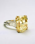 Trio Fancy Yellow platinum three stone ring side view with shield cut diamonds – Cherry Pick Diamonds St. Louis MO