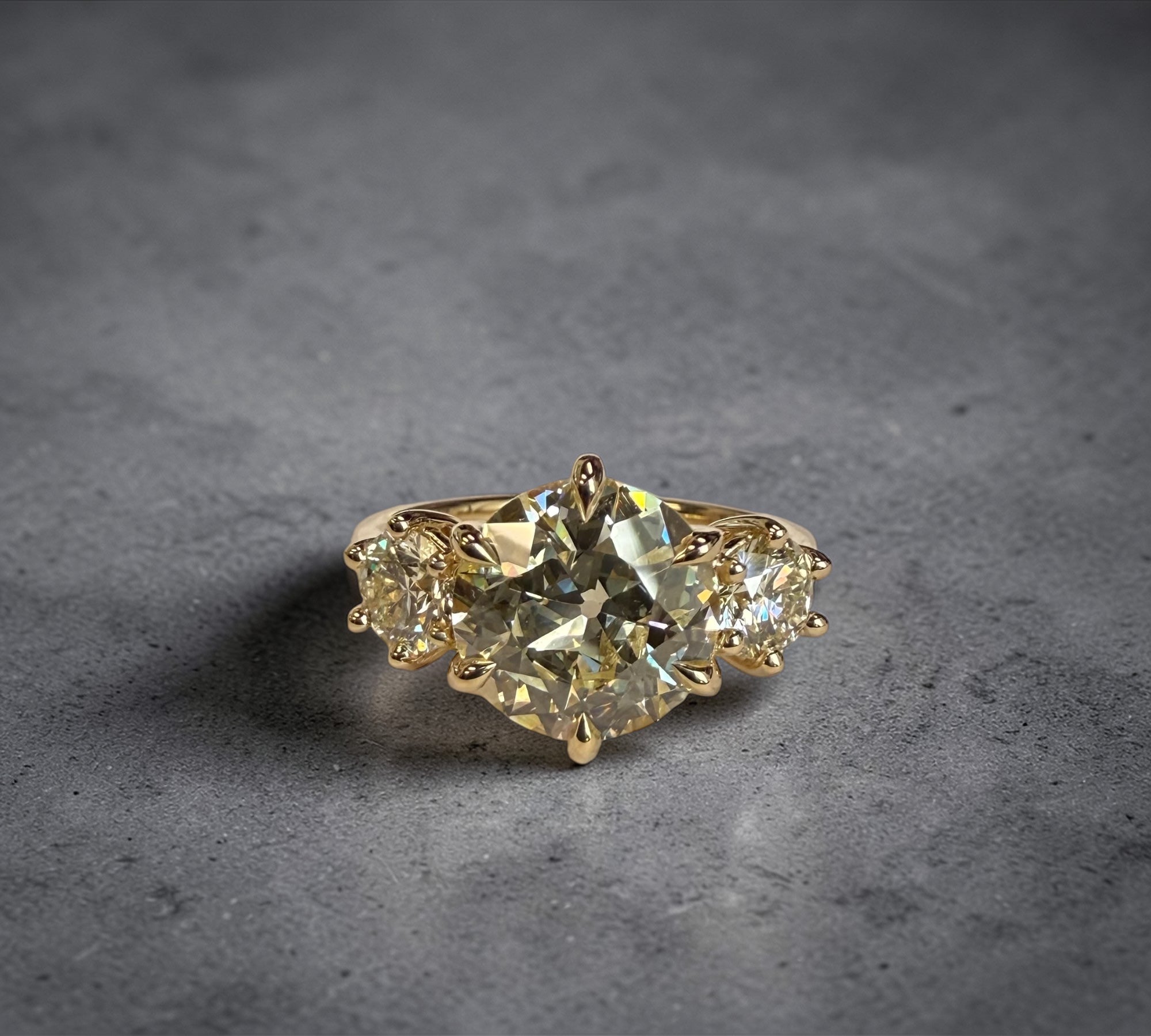 Trio Old Euro three stone ring in 14K yellow gold with 2.98ct natural old European cut diamond – Cherry Pick Diamonds Clayton St. Louis MO