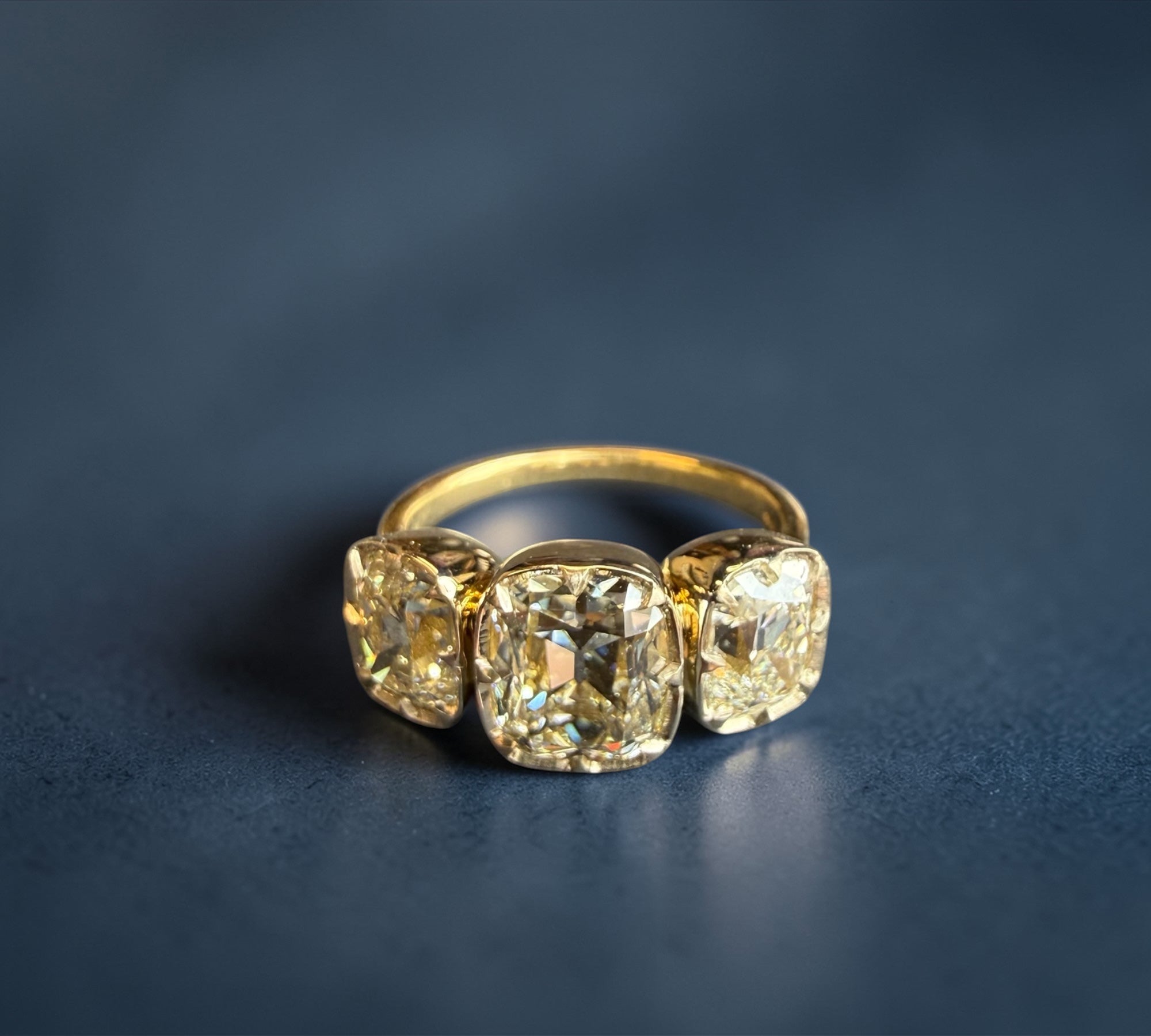 Trio Old Mine three stone ring in 18K gold with 4.08ct total natural old mine cut diamonds – Cherry Pick Diamonds Clayton St. Louis MO