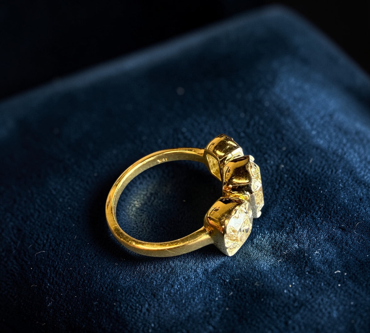 Trio Old Mine ring side view, three natural old mine cut diamonds – Cherry Pick Diamonds St. Louis MO