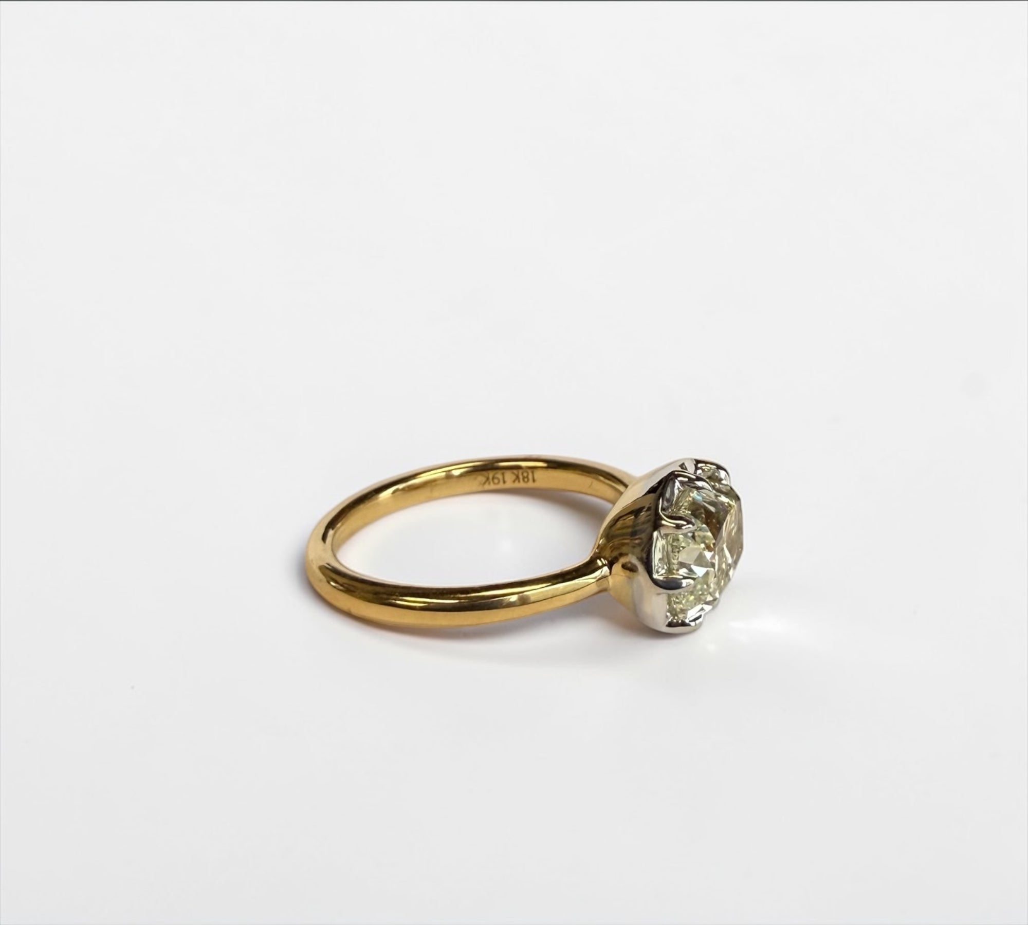 Old Mine Crown ring side view, low gallery setting with old mine cut diamond – Cherry Pick Diamonds St. Louis MO