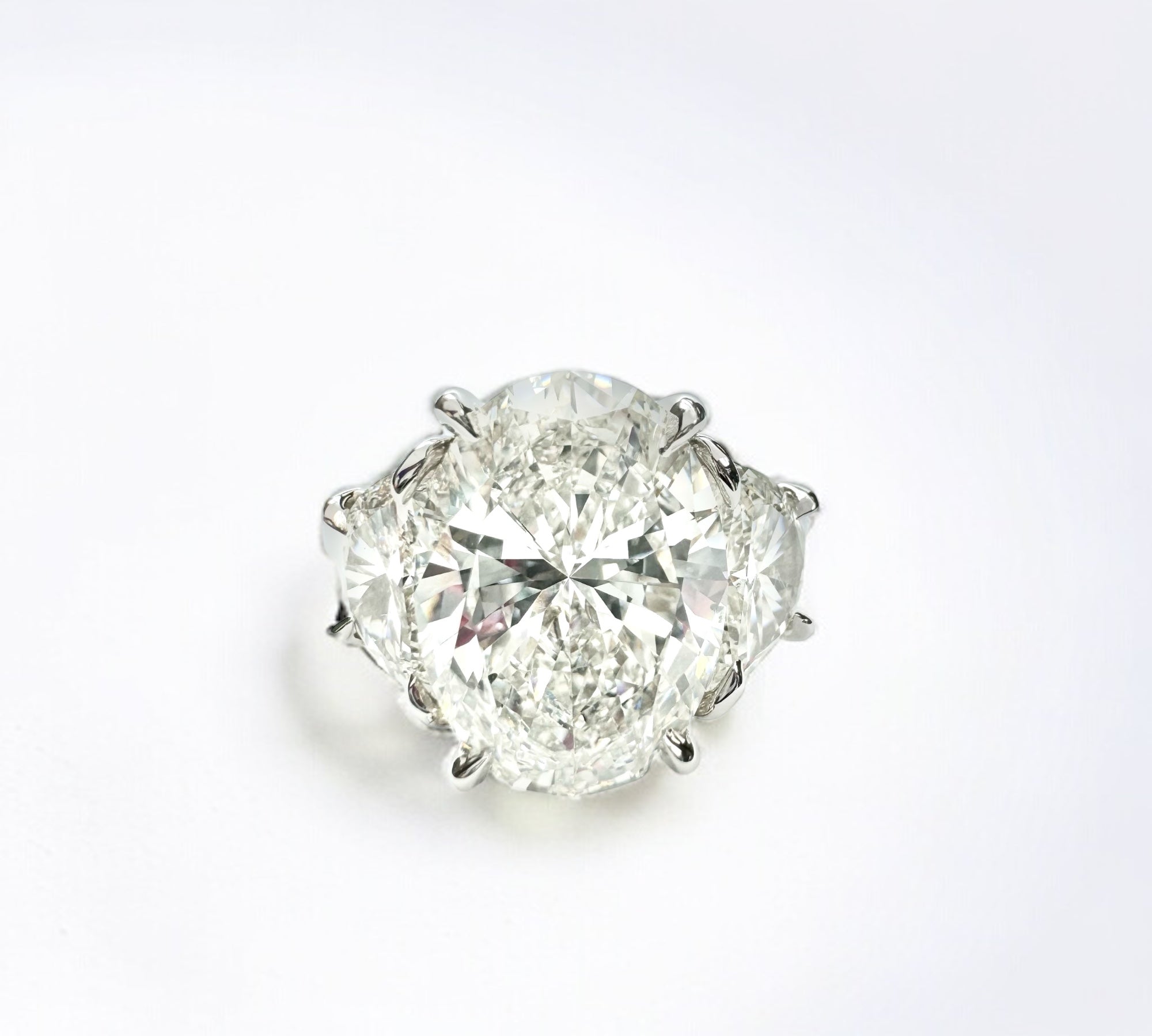 Trio Oval 6.42 three stone ring in platinum with 5.00ct natural oval brilliant diamond – Cherry Pick Diamonds Clayton St. Louis MO