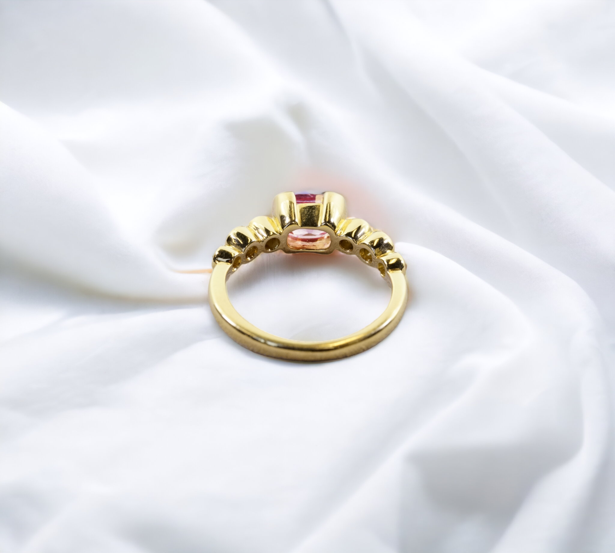Trio Padparadscha cushion cut orange pink sapphire in yellow gold ring – Cherry Pick Diamonds Clayton MO