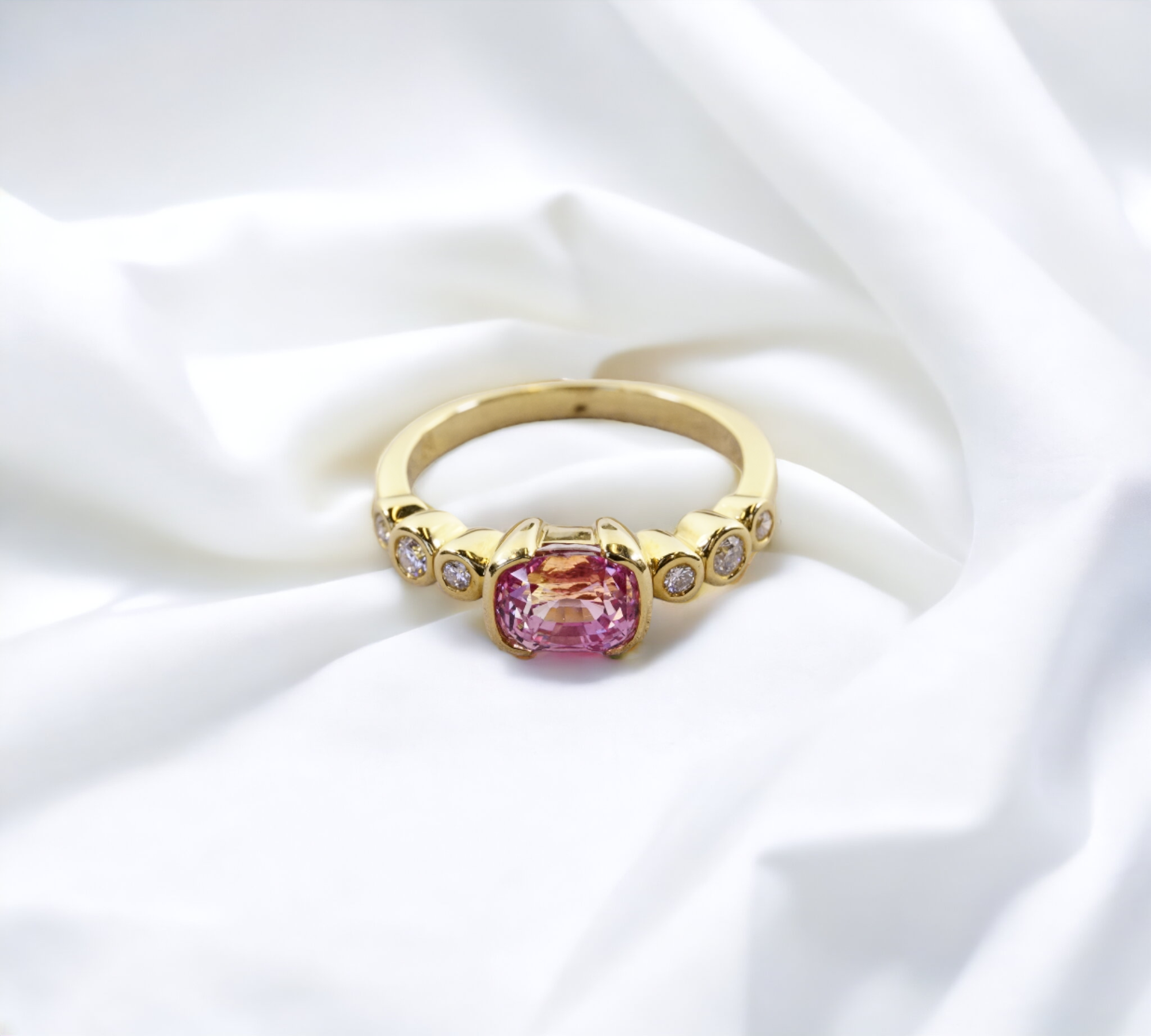 Trio Padparadscha rare orange pink sapphire ring in 18K yellow gold with natural diamonds – Cherry Pick Diamonds Clayton St. Louis MO