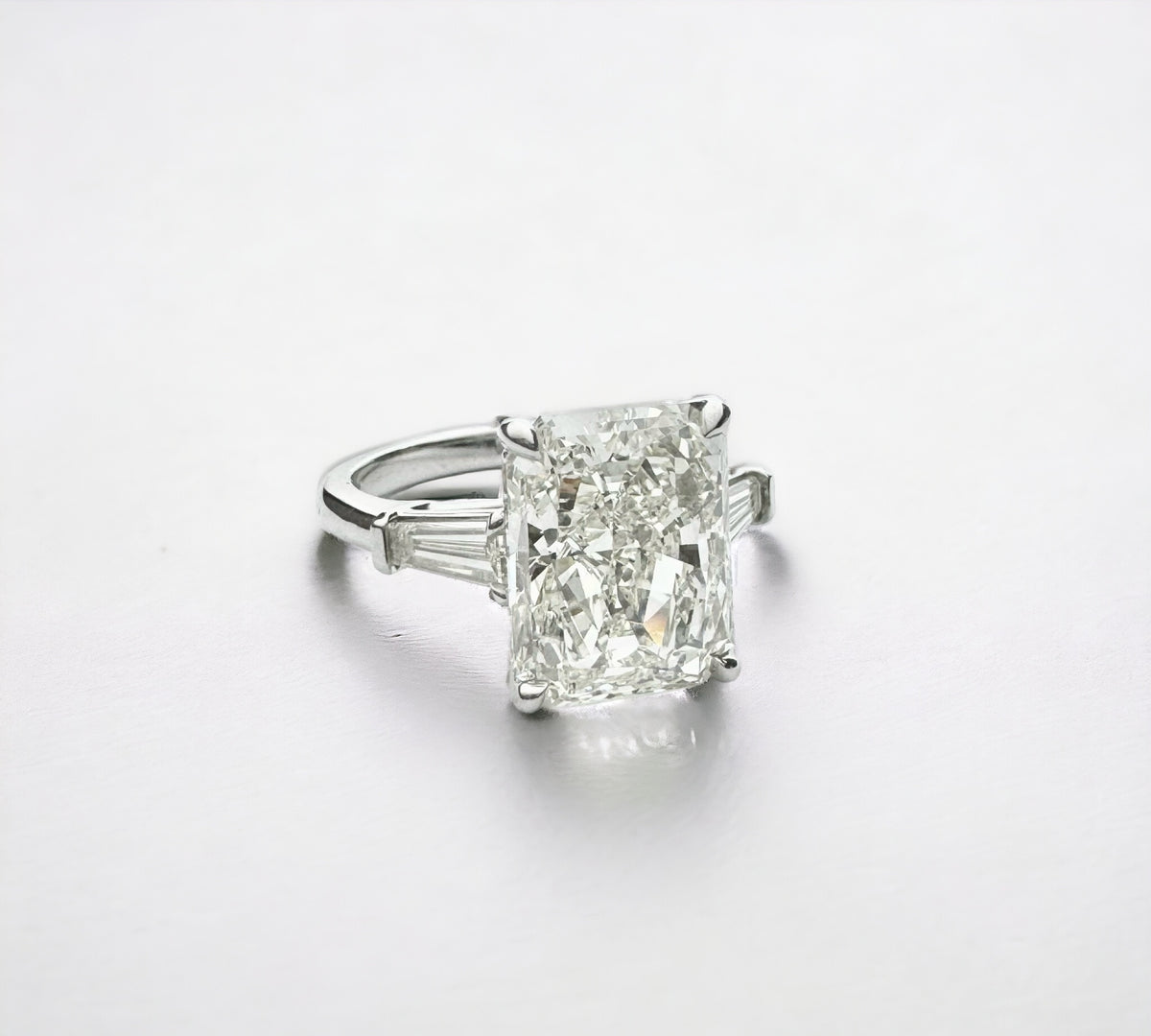 Trio Radiant 6.02 platinum three stone ring side view with tapered baguette diamonds – Cherry Pick Diamonds St. Louis MO