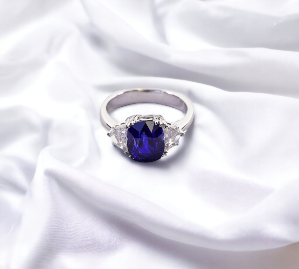 Trio Sapphire Ring 5.37ct platinum with cushion cut Ceylon sapphire and natural diamonds – Cherry Pick Diamonds Clayton St. Louis MO