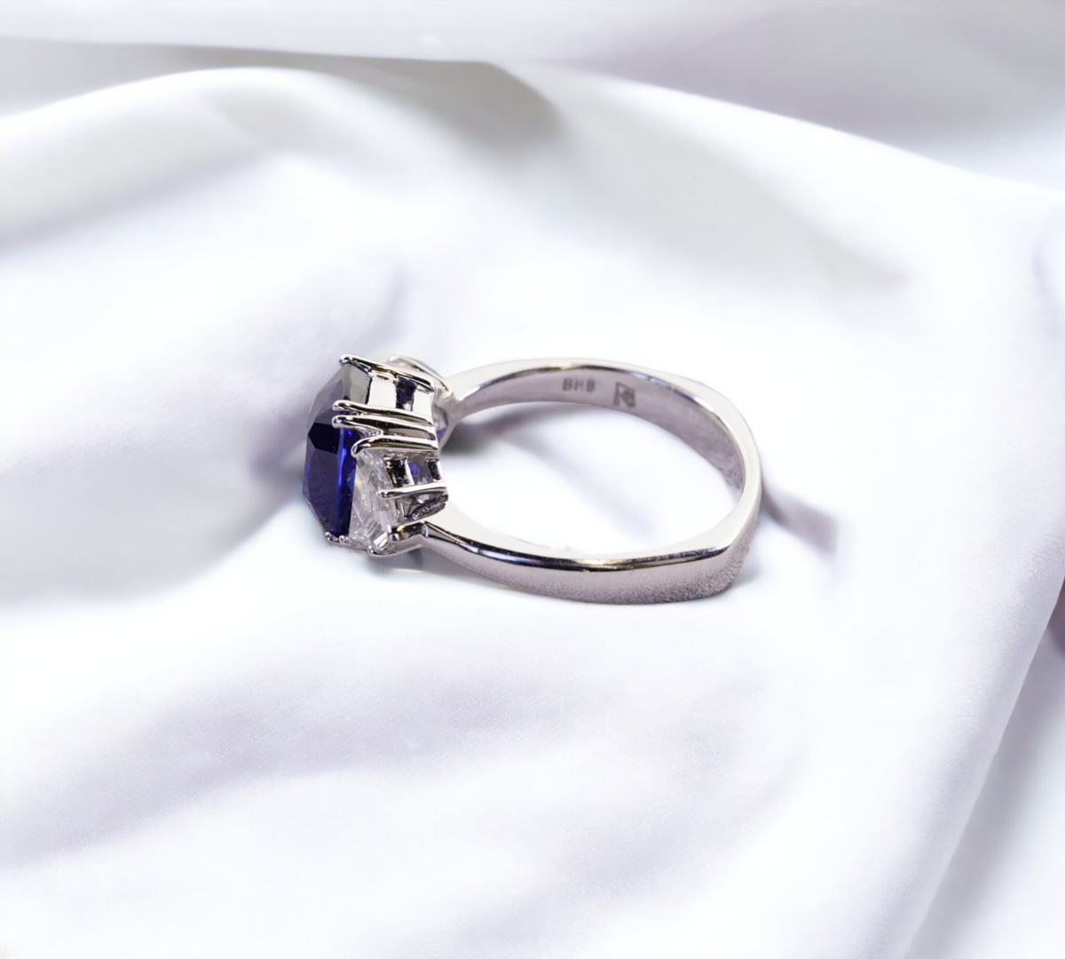 Trio Sapphire Ring platinum euro shank with blue sapphire and epaulet diamond detail – Cherry Pick Diamonds St. Louis MO