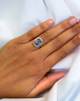 Vintage 4.94 Sapphire antique ring close-up, rose gold platinum – Cherry Pick Diamonds Clayton MO