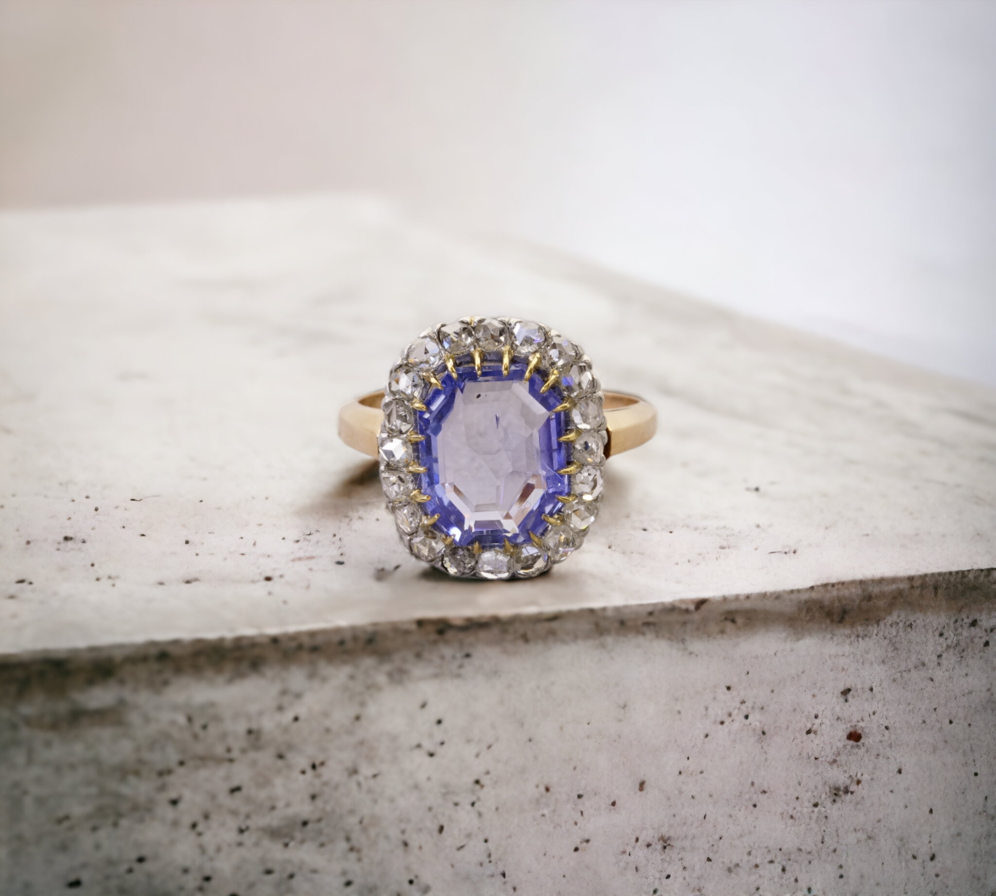 Vintage 4.94 Sapphire ring in rose gold and platinum, antique halo design – Cherry Pick Diamonds Clayton St. Louis MO