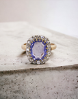 Vintage 4.94 Sapphire ring in rose gold and platinum, antique halo design – Cherry Pick Diamonds Clayton St. Louis MO