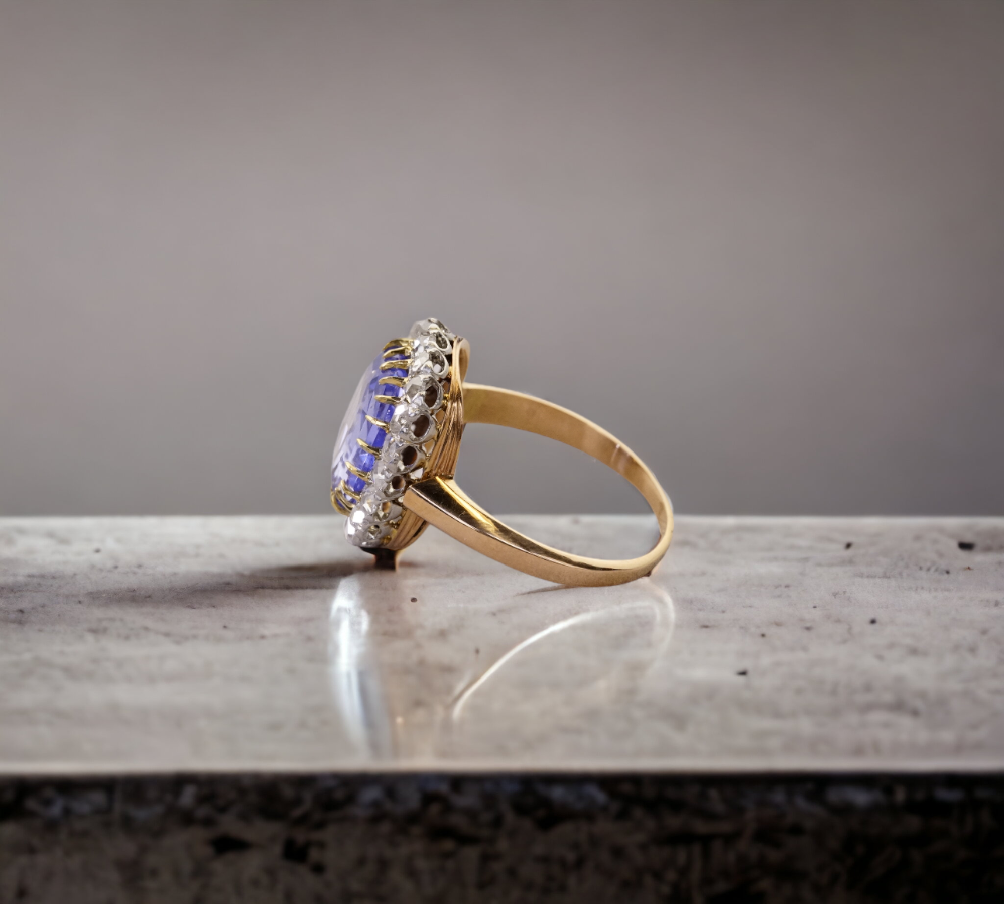 Vintage 4.94 Sapphire ring side view, rose gold platinum antique halo – Cherry Pick Diamonds St. Louis MO