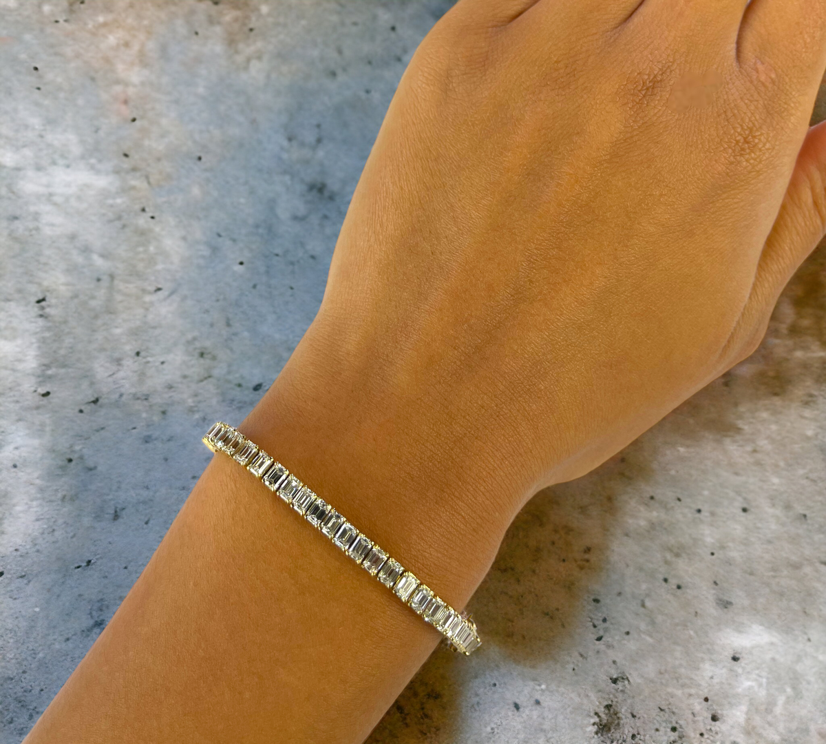 Bemiston 14K Yellow Gold Emerald Cut Lab Diamond Tennis Bracelet on Wrist – Cherry Pick Diamonds St. Louis MO